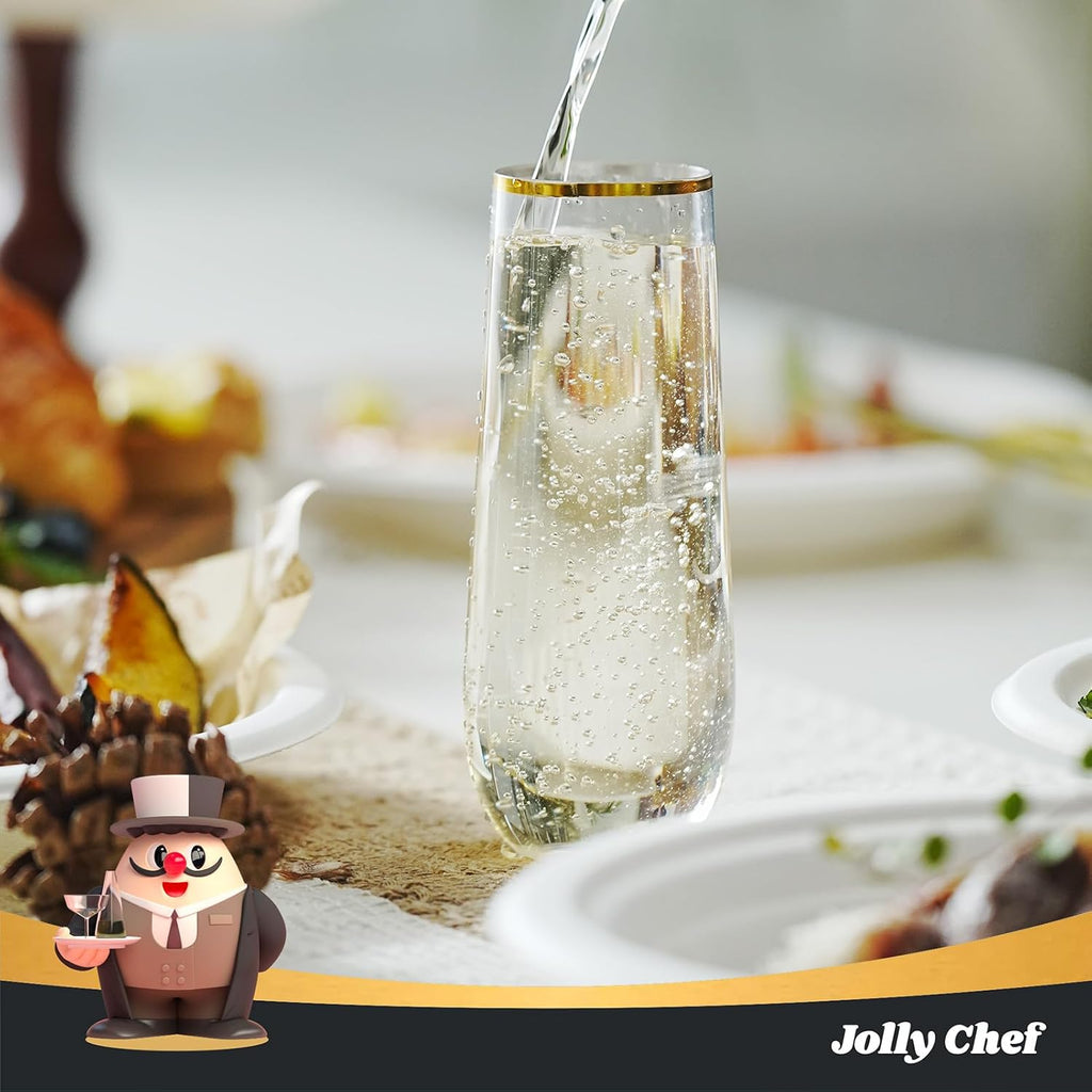 JOLLY CHEF 24 Pack Stemless Plastic Champagne Flutes Disposable 9 Oz Gold Rim Clear Plastic Toasting Glasses Shatterproof Recyclable for Party  Wedding  Birthday  Christmas