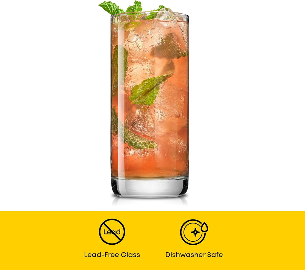 JoyJolt Faye 13oz Highball Glasses  6pc Tall Glass Sets. Lead-Free Crystal Drinking Glasses. Water Glasses  Mojito Glass Cups  Tom Collins Bar Glassware  and Mixed Drink Cocktail Glass Set