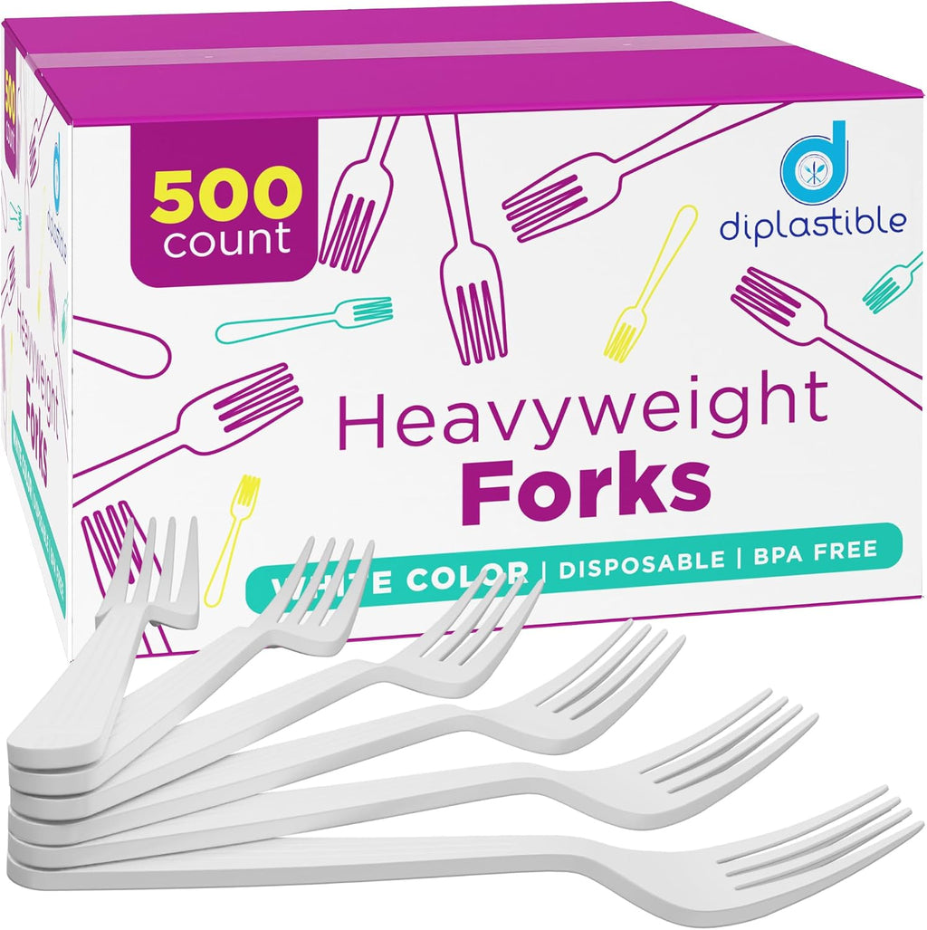 500 Count – Heavyweight Disposable White Plastic Forks | Big Party Pack Forks | Plastic Salad Forks |Great for Celebrations  Parties  Travels  Events  and Everyday Use