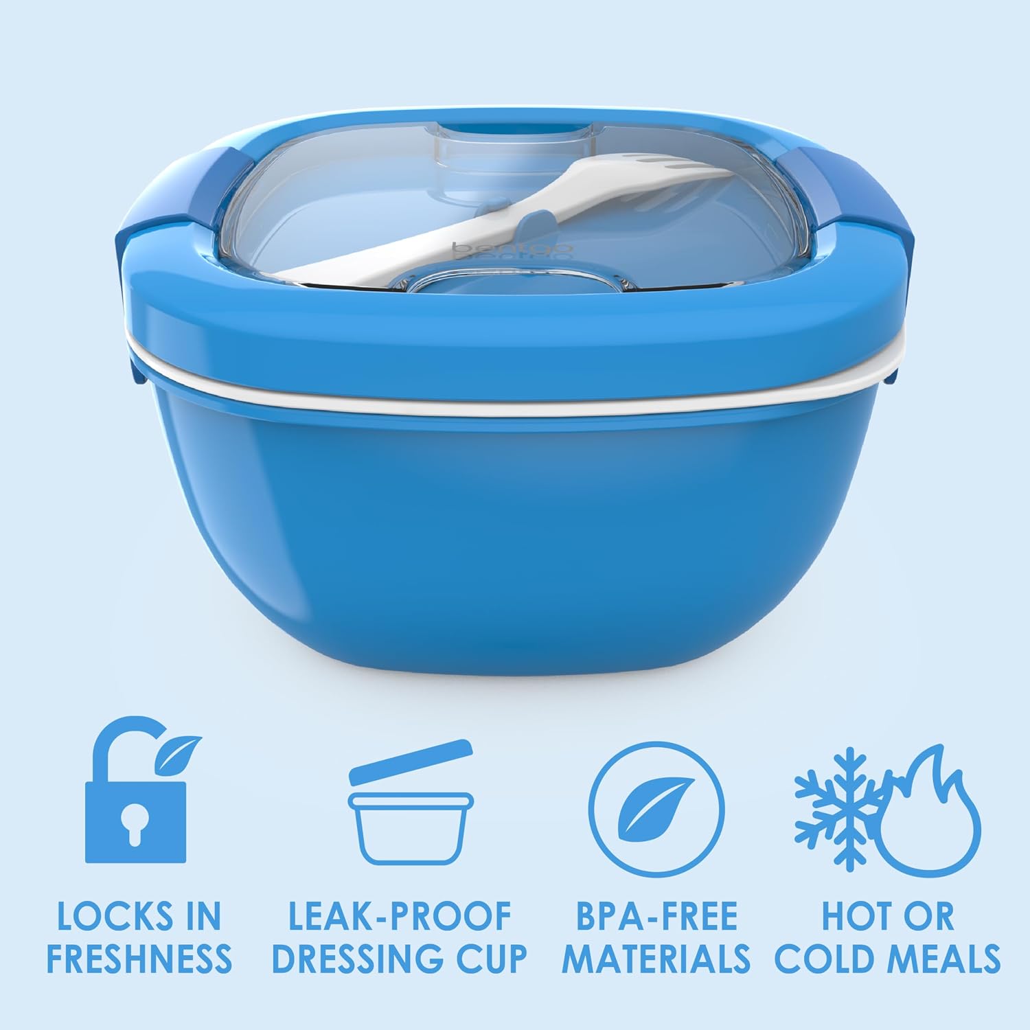 Bentgo Salad Container - 54 oz Bowl with 4-Compartment Toppings Tray  Leak-Proof Dressing Container  Reusable Fork  BPA-Free Lunch Box for Meal Prep & Food Storage; Removable Bento Tray (Blue)