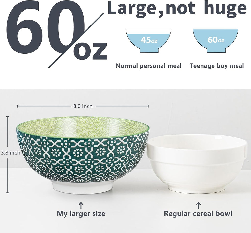 Large Serving Bowls - 60 oz Ceramic Salad Bowl - 8 Inch Serving Bowl Set - Big Soup Bowl For Kitchen - Microwave & Dishwashers Safe - Pho Fruit Pasta Popcorn Bowl - Set of 3