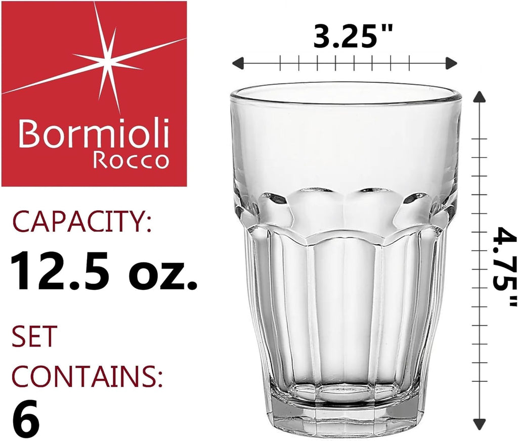 Bormioli Rocco Rock Bar Stackable Beverage  Set Of 6 Dishwasher Safe Drinking Glasses For Soda  Juice  Milk  Coke  Beer  Spirits – 12.5oz Durable Tempered Glass Water Tumblers For Daily Use