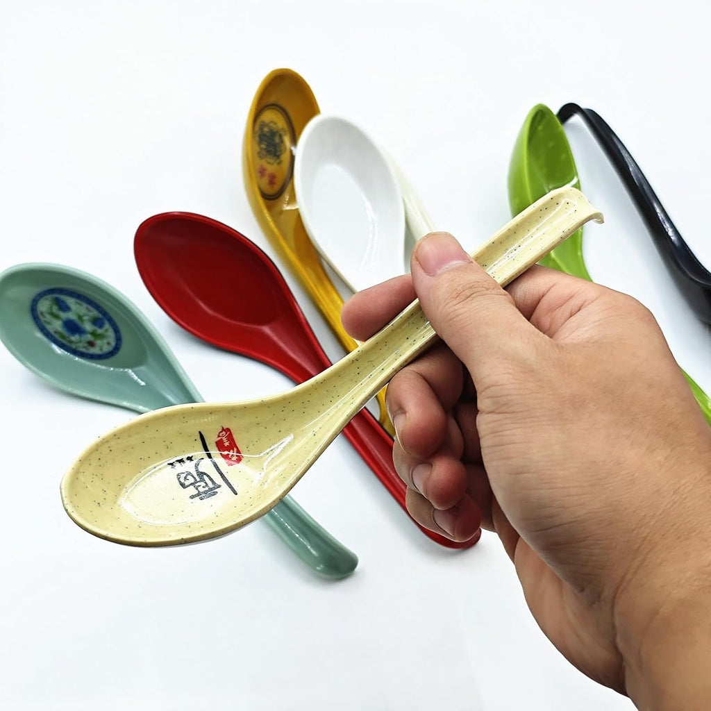 8Pcs Asian Soup Spoons Long Handle with Hook 8 Colors 6.5inch Chinses Soup Spoon for Ramen Wonton Soba Rice Noodle Kitchen Restaurant Party Gift