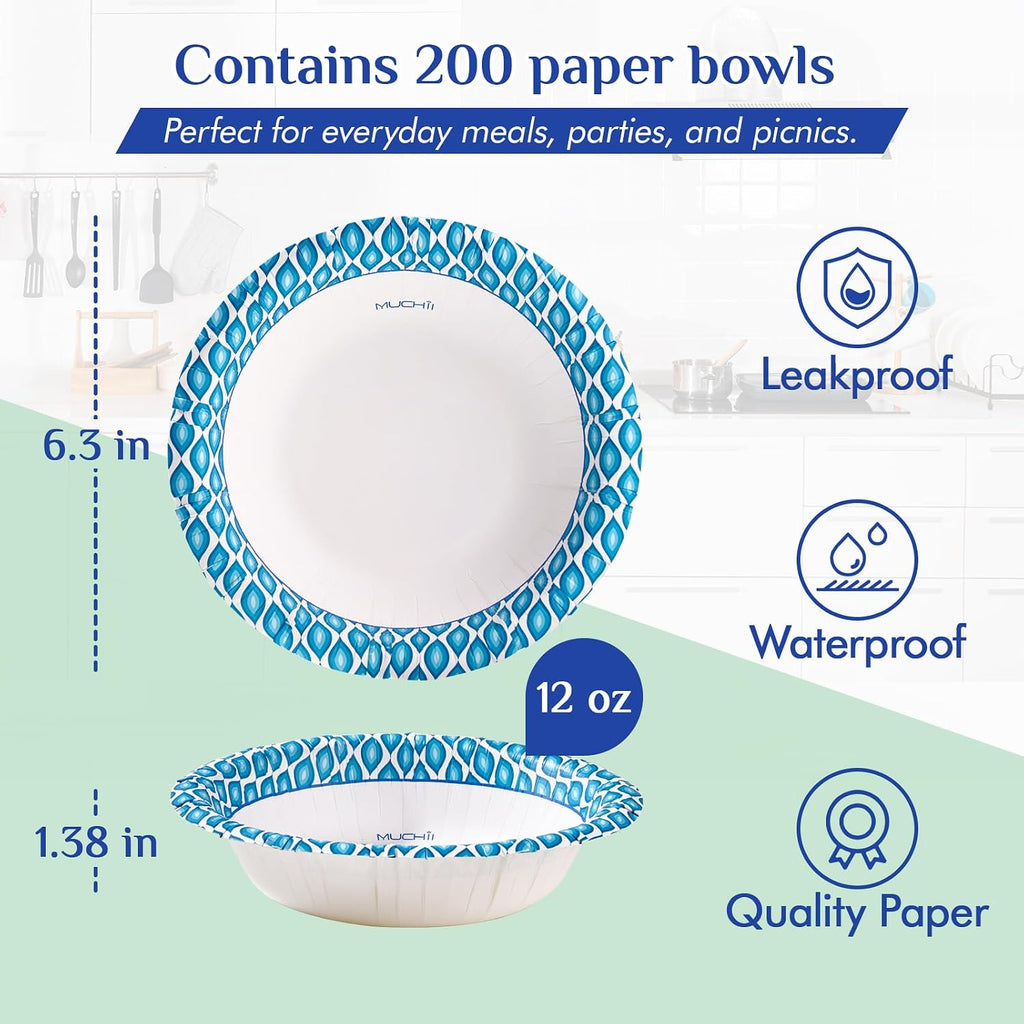 MUCHII 12 Oz Paper Bowls 200 Counts Disposable Bowls  Printed Soak Proof Small Bowls for Breakfast  Lunch  and Dinner Meals