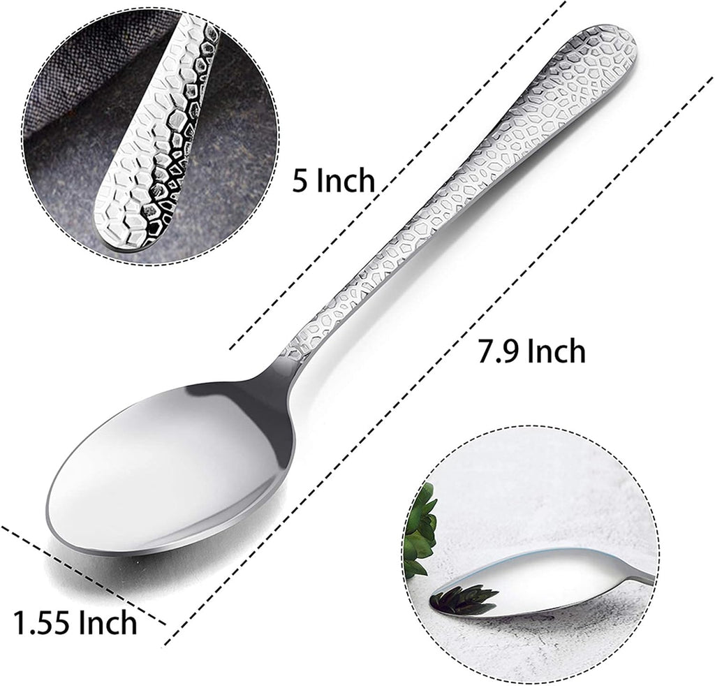 E-far 12-Piece Stainless Steel Hammered Dinner Spoons Set  Modern Silver Large Soup Spoons for Home  Kitchen  Restaurant  Round Edge & Mirror Polished  Dishwasher Safe - 7.9 Inches