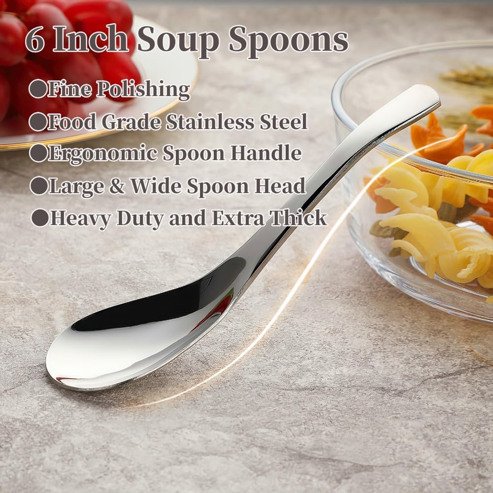 Stainless Steel Soup Spoons - 6 Inch Heavy Duty Asian Soup Spoon for Ramen  Rice  Tea  and Milk  Set of 4 Short Handle Ramen Spoons  Dishwasher Safe  Silver Chinese Table Spoon