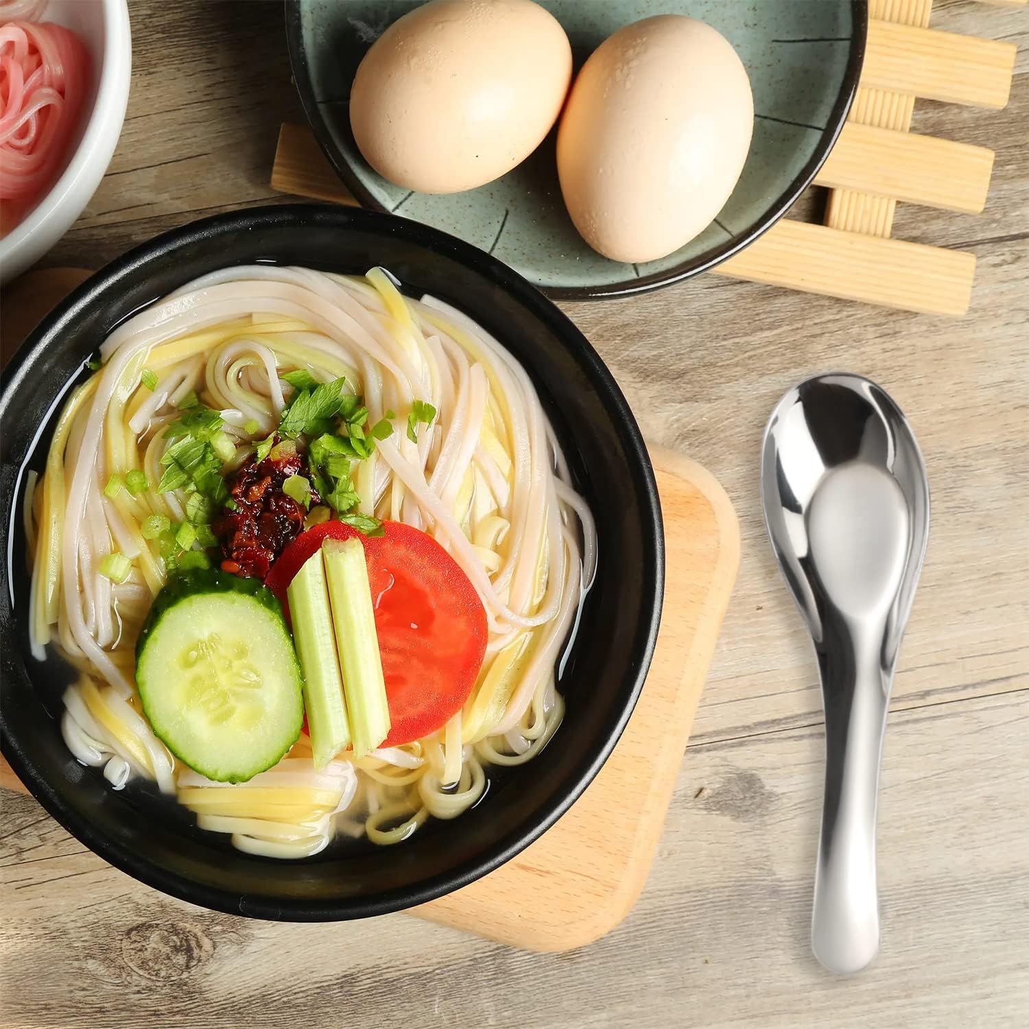 Soup Spoons Stainless Steel Dinner Spoons Set of 6 Chinese Soup Spoon Mirror Polished Asian Soup Spoons for Bouillon Dessert Cereal Thai Miso Ramen