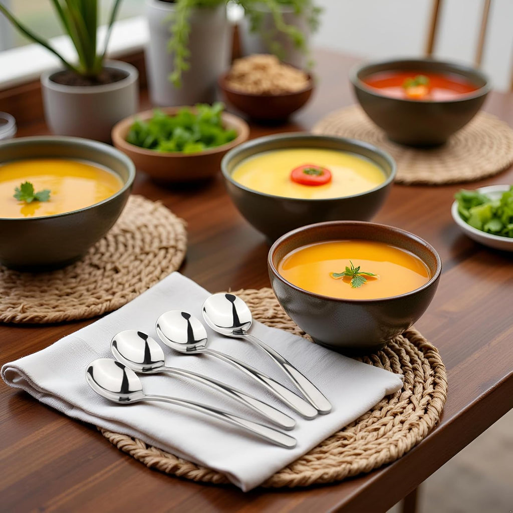 Korean Soup Spoon 18/10 Stainless Steel: Large Round Soup Spoons - 7 inch Long Handle Dinner Rice Soup Spoon Set for Home Kitchen Restaurant - 4 PCS
