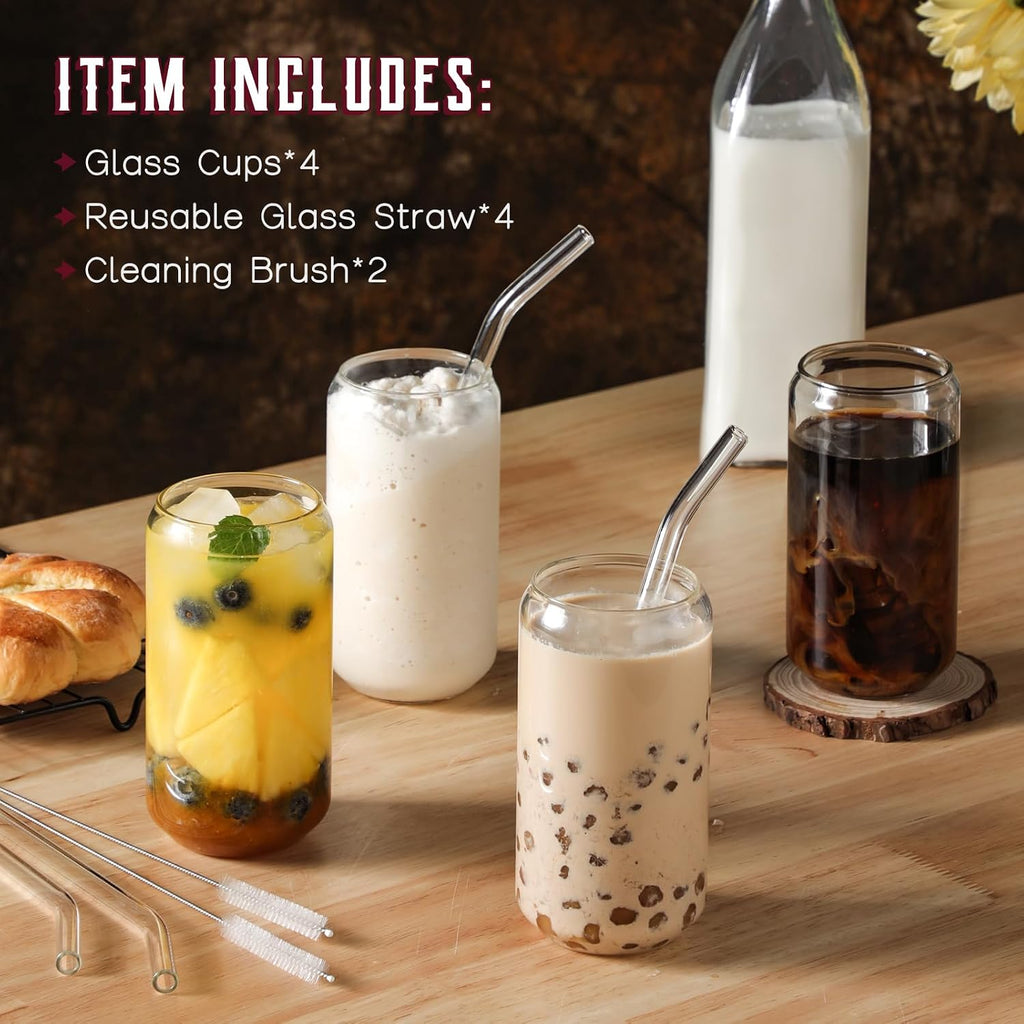 NETANY Drinking Glasses with Glass Straw 4pcs Set - 16oz Highball Glass Cups  Beer Glasses  Iced Coffee Glasses  Cute Tumbler Cup  Ideal for Whiskey  Soda  Tea  Water  Gift  2 Brushes