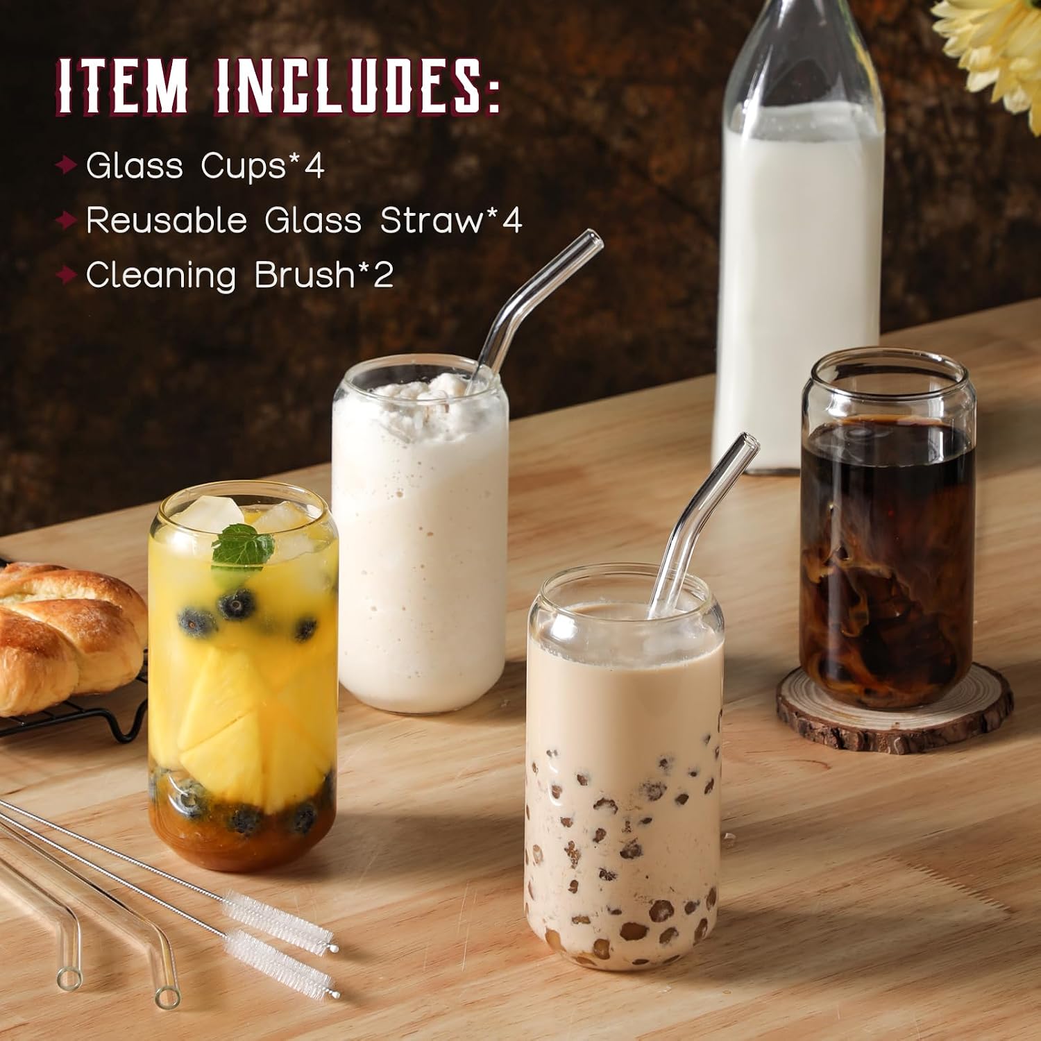 NETANY Drinking Glasses with Glass Straw 4pcs Set - 16oz Highball Glass Cups  Beer Glasses  Iced Coffee Glasses  Cute Tumbler Cup  Ideal for Whiskey  Soda  Tea  Water  Gift  2 Brushes