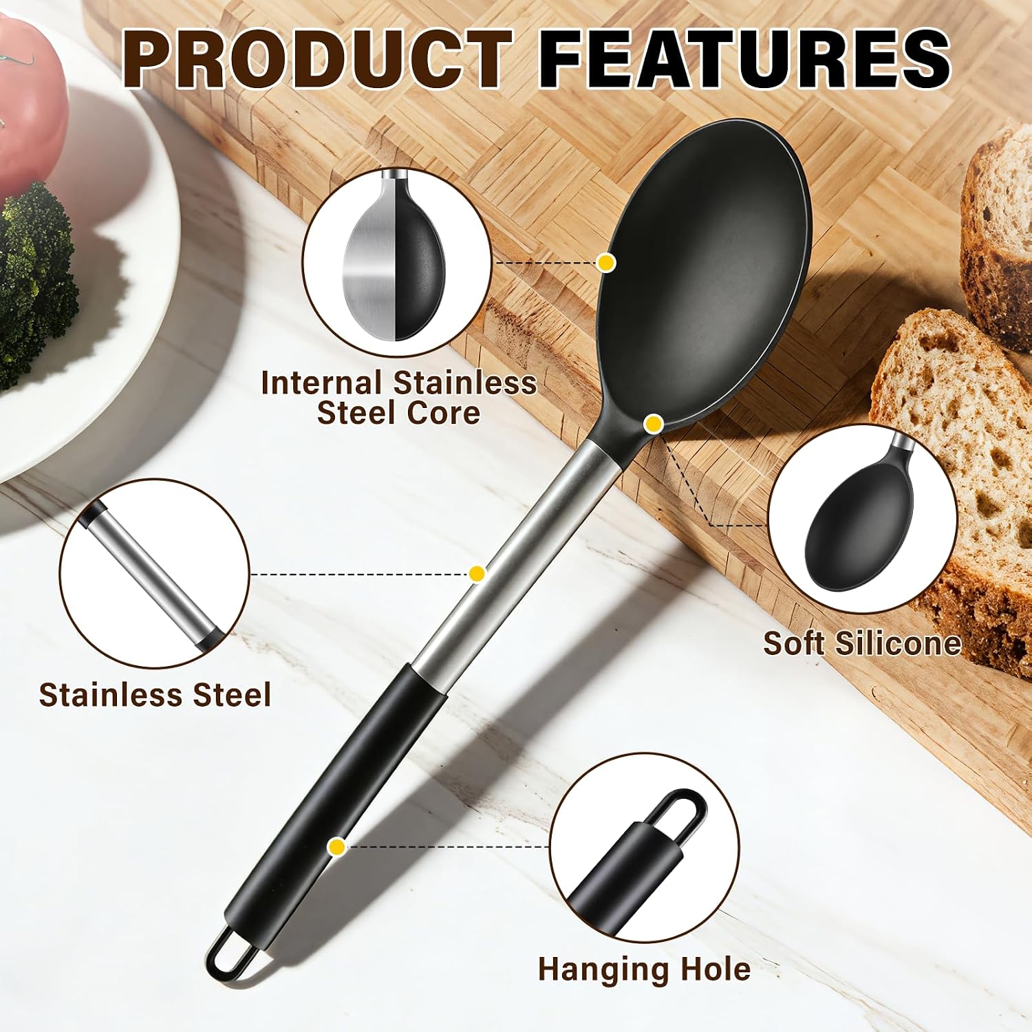 3 Pcs Silicone Cooking Spoon Set  Kitchen Utensils Include Solid & Slotted Spoon  Soup Ladle  Food-Grade Heat Resistant  Non-Scratch Spoons for Serving  Stirring  Draining  Dishwasher Safe  Black
