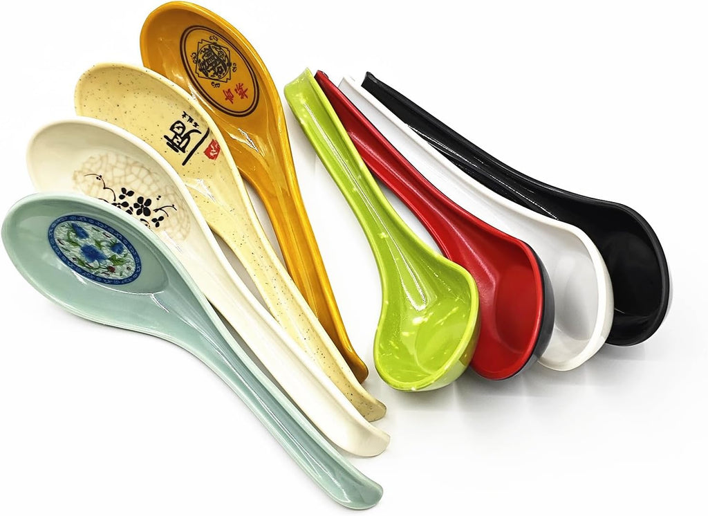 8Pcs Asian Soup Spoons Long Handle with Hook 8 Colors 6.5inch Chinses Soup Spoon for Ramen Wonton Soba Rice Noodle Kitchen Restaurant Party Gift
