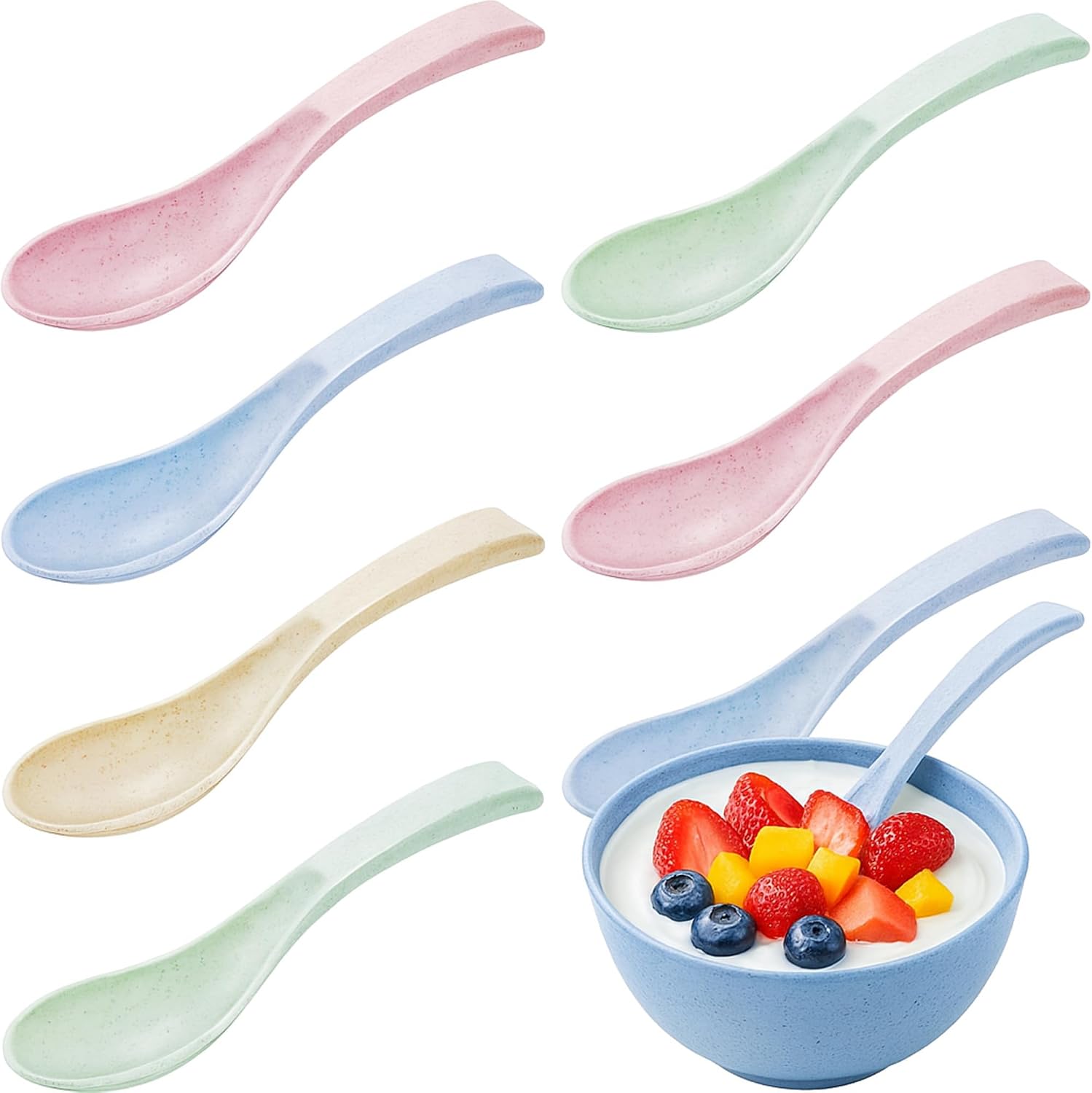 Outus 8 Pieces Wheat Straw Plastic Spoon Portable 6 Inches Colourful Unbreakable Meal Dinner Soup Spoon Safe for Dishwasher and Microwave