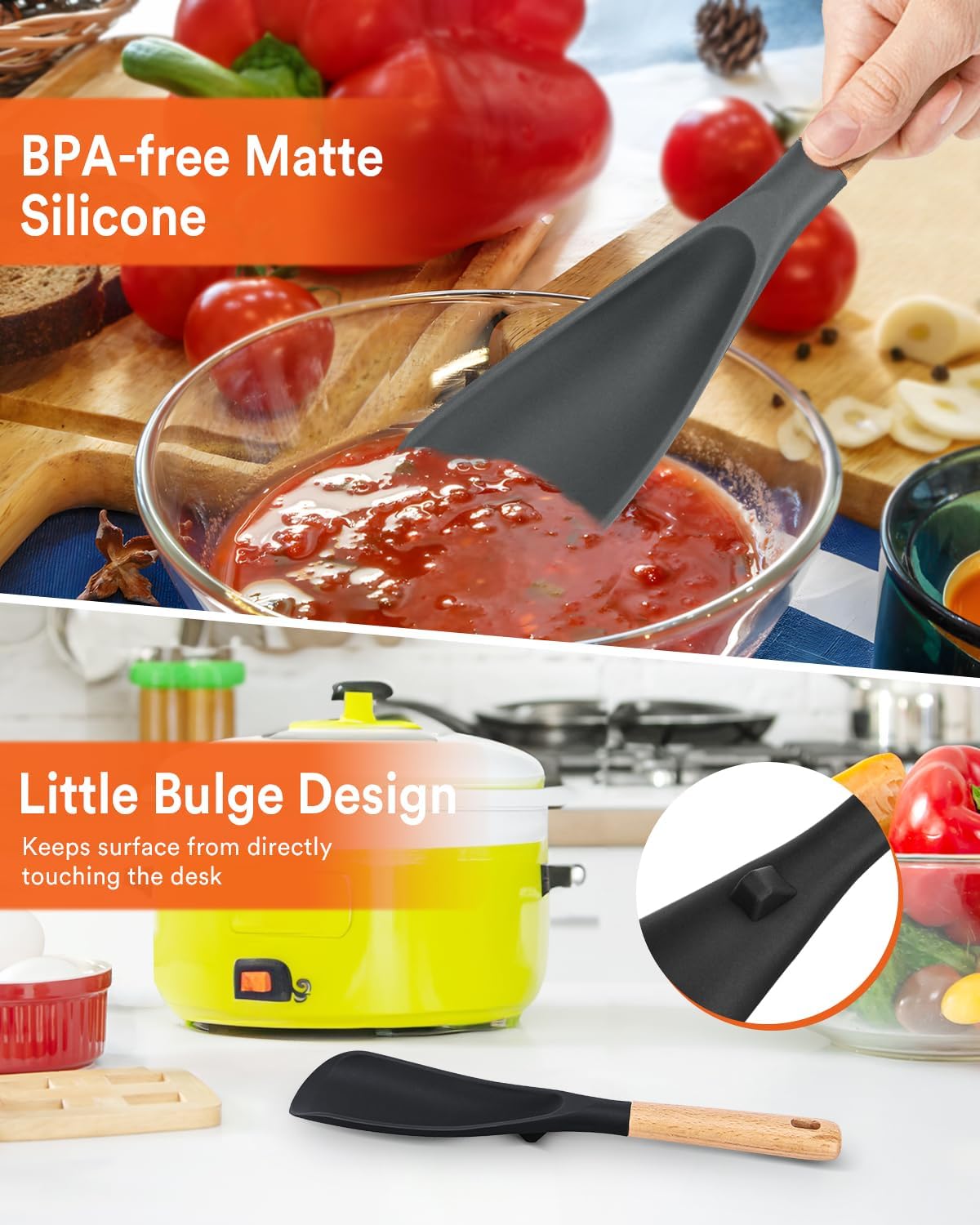 Cooking Spoon for Nonstick Cookwares  Great for Cooking and Serving Sturdy BPA-Free Matte Silicone  Wood Handle Spoon for Mixing  Scoop  and Scrape (Black & Grey  11.4 inch)