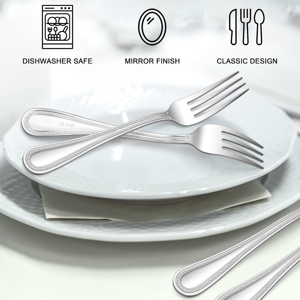 E-far Salad Forks Set of 12  6.9 Inch Pearled Edge Dessert Forks Stainless Steel Suitable for Party  Home  Kitchen and Restaurant  Non-toxic & Mirror Polished  Dishwasher Safe
