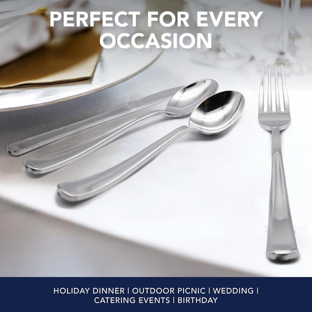 Party Essentials Disposable Plastic Cutlery/Heavy-Duty Flatware/Silverware for All Events  50-Count  Shiny Silver Soup Spoons