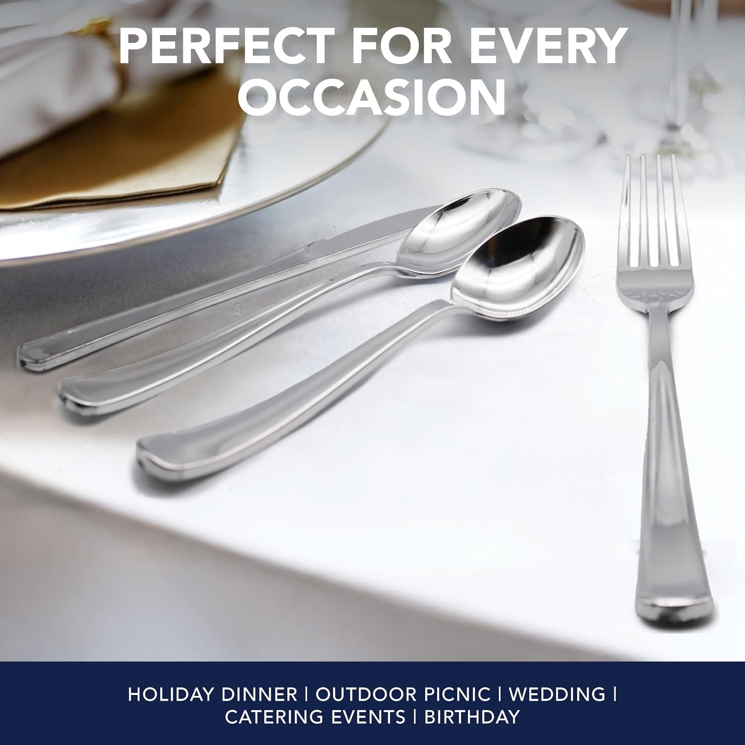 Party Essentials Disposable Plastic Cutlery/Heavy-Duty Flatware/Silverware for All Events  50-Count  Shiny Silver Soup Spoons