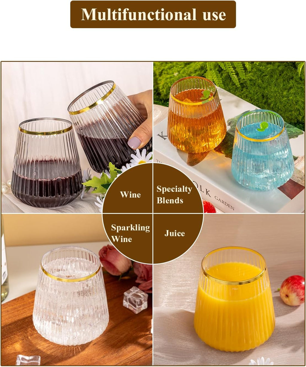 Goodluck 36 Pack 12oz Stemless Plastic Wine Glasses – Clear Ribbed Cups with Gold Rim  Fancy Reusable Disposable Drinkware for Weddings  Parties  Bars  Indoor and Outdoor Events