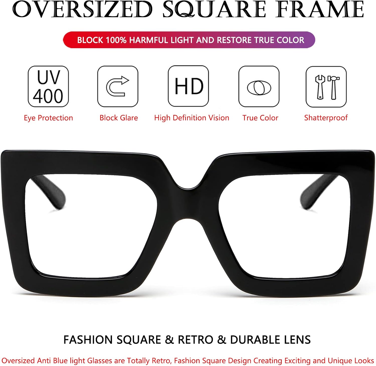 AIEYEZO Oversized Square Blue Light Glasses for Women Cute Big Frame Glasses Fashion Clear Multi-Color Computer Eyewear
