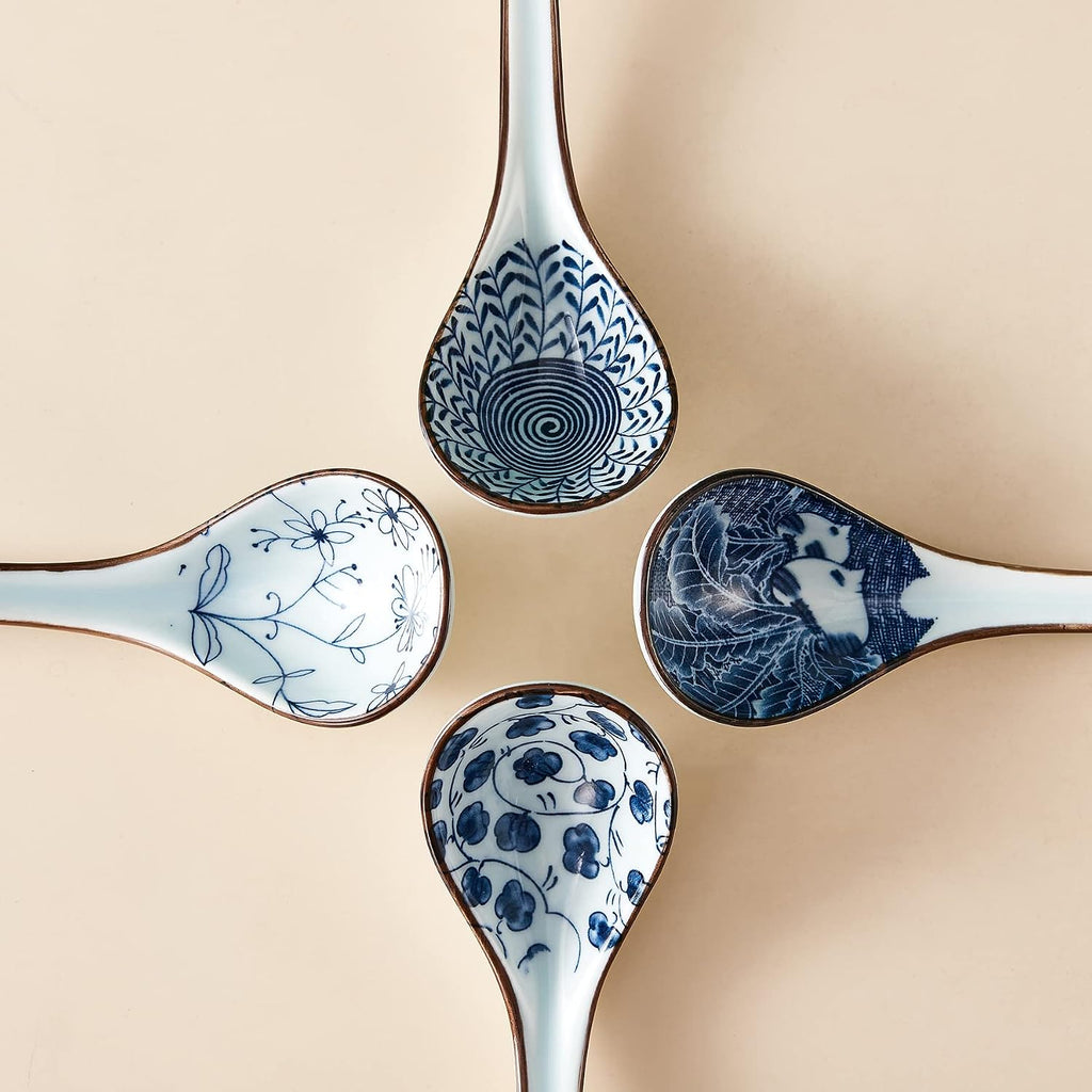 Ceramic Asian Soup Spoons  Easy to Hold  Long Handle Perfect Depth Spoon Set for Japanese Ramen Noodles  Chinese Dumpling  Pho  Miso  Wonton  Dishwasher Safe -Set of 4 - Blue