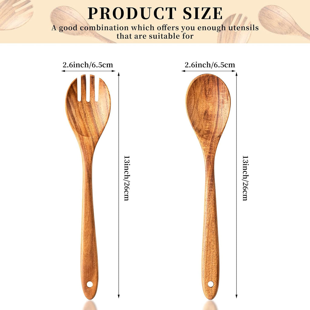 Gudamaye Acacia Wooden Salad Server Set 13 inch Salad Tongs for Serving including Salad Mixing Dinner Fork and Spoon Long Handle Salad Server Set