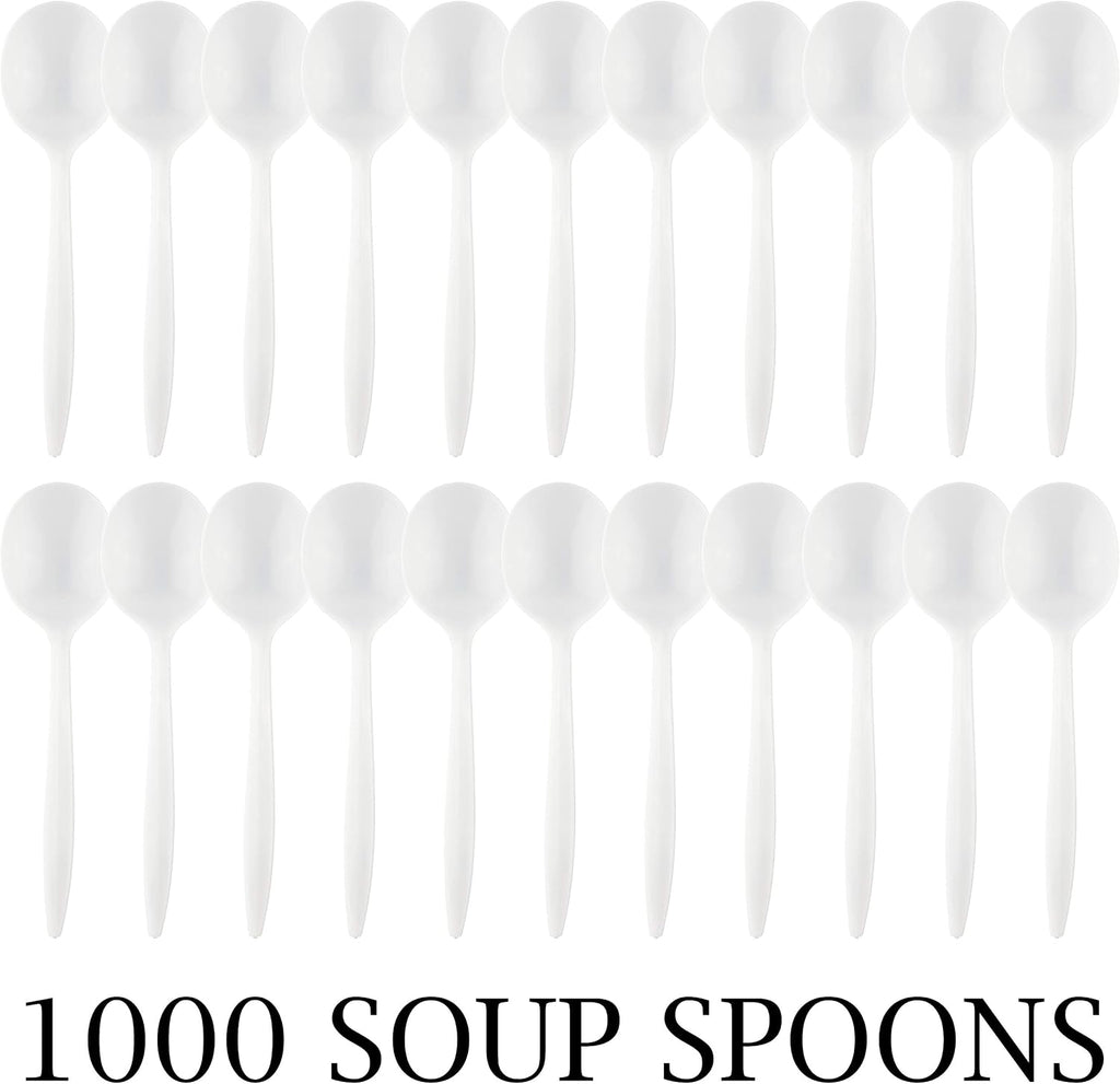 Plasticpro Cutlery Plastic Soup Spoons Medium Weight Disposable Silverware (White 1000 Soup Spoons)