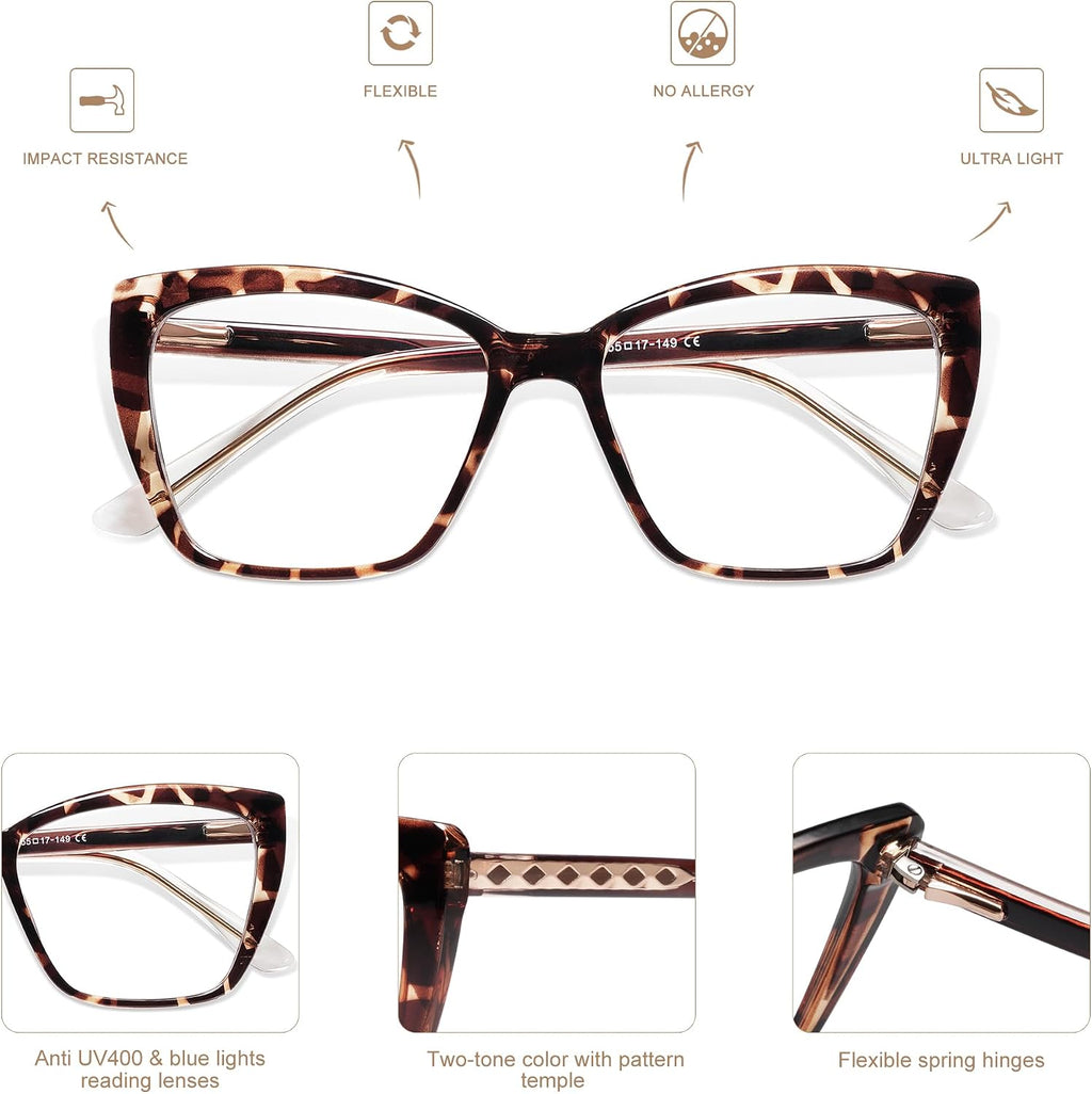 AMOMOMA Trendy TR90 Oversized Blue Light Reading Glasses Women Stylish Square Cat Eye Glasses AM6031