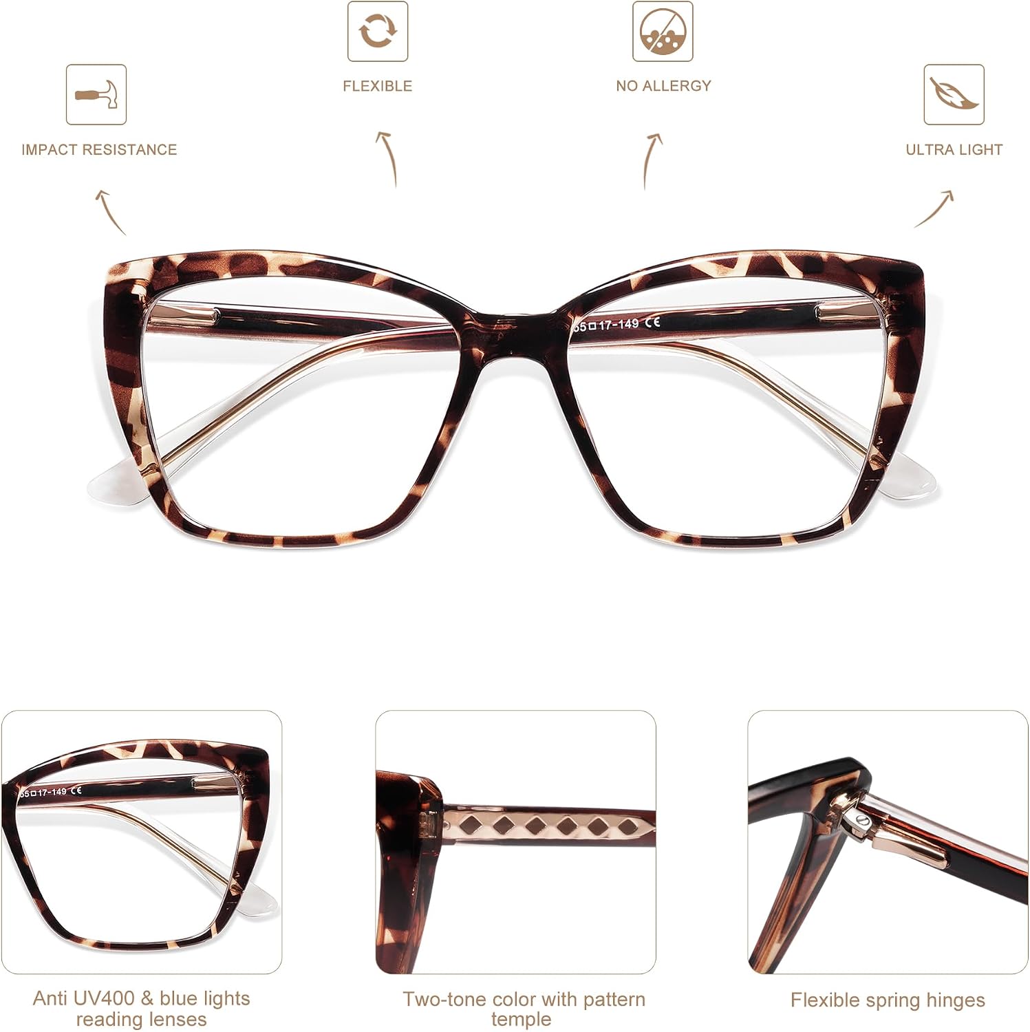 AMOMOMA Trendy TR90 Oversized Blue Light Reading Glasses Women Stylish Square Cat Eye Glasses AM6031
