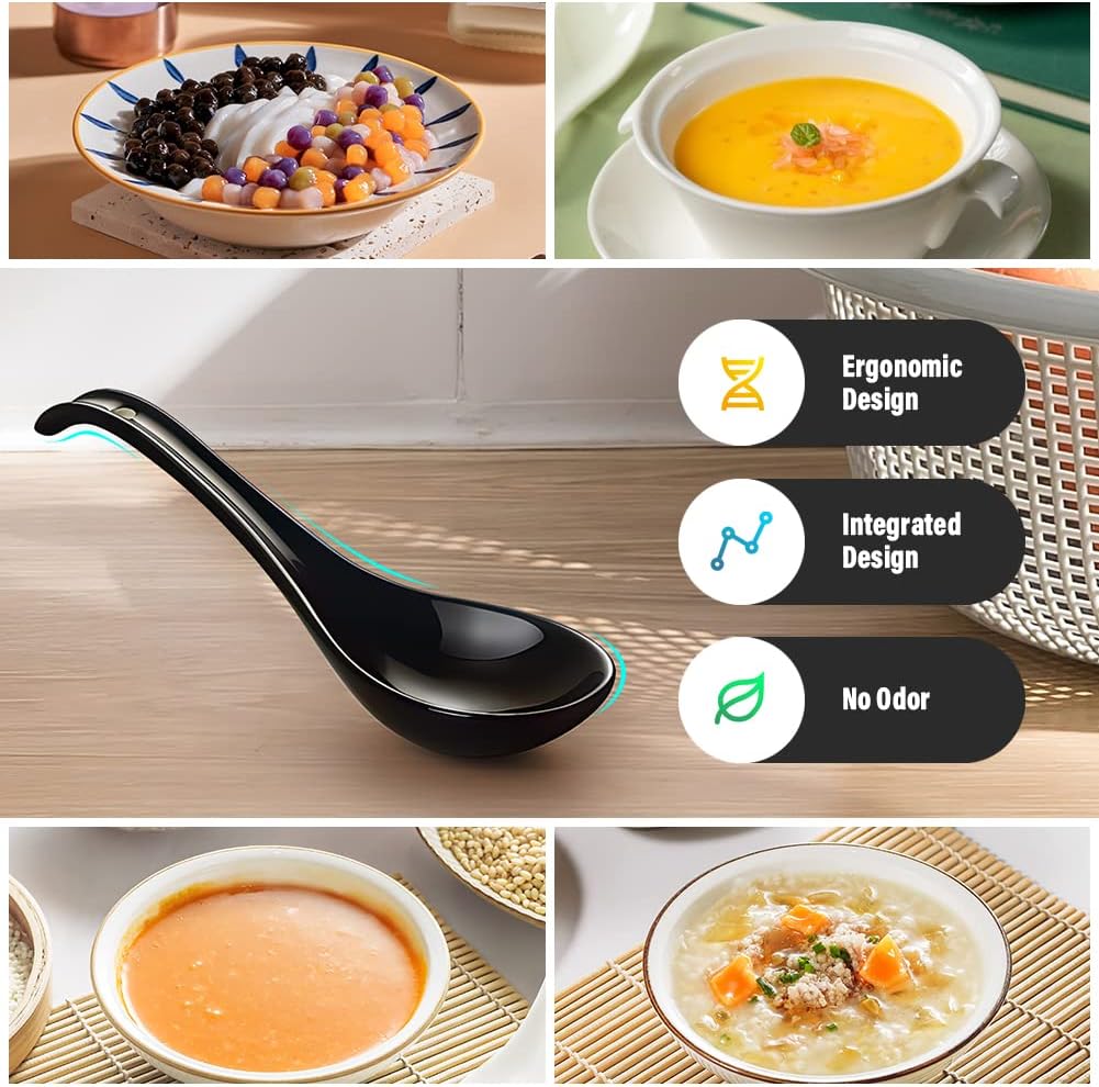 Asian Soup Spoons - YFWOOD 6.75 Inch Ceramic Ramen Spoon Black Chinese Soup Spoons With Deep Oval Hook Design Perfect for Pho Wonton Dumpling And Miso Soups Set Of 6
