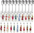 Nicunom 20 Pcs Dessert Forks and Spoons Silverware Set  Stainless Steel Mini Fork Spoon with Ceramic Handle  Floral Design Tea Coffee Spoon Cake Fruit Fork for Dessert  Appetizers  Salad