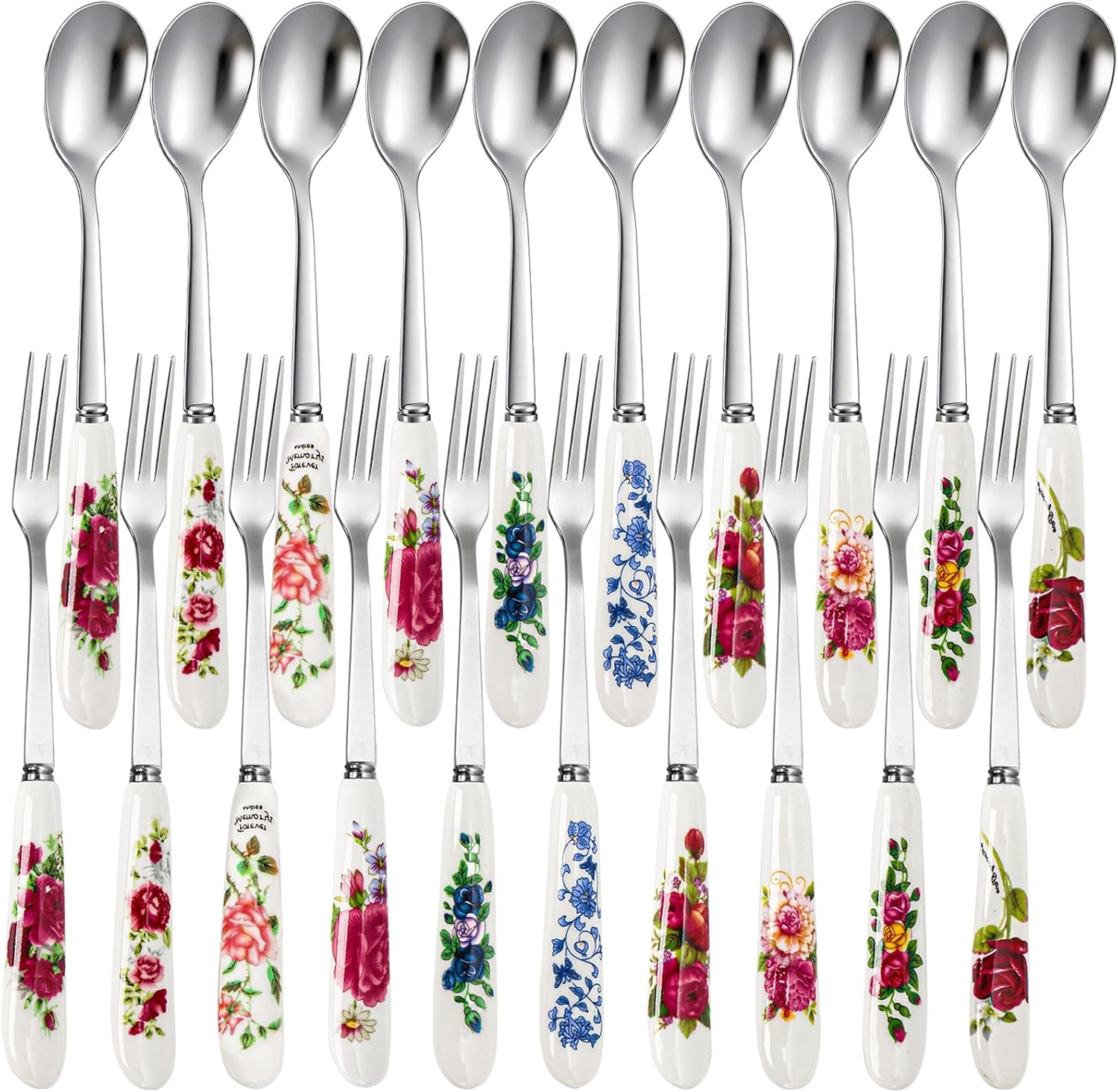 Nicunom 20 Pcs Dessert Forks and Spoons Silverware Set  Stainless Steel Mini Fork Spoon with Ceramic Handle  Floral Design Tea Coffee Spoon Cake Fruit Fork for Dessert  Appetizers  Salad