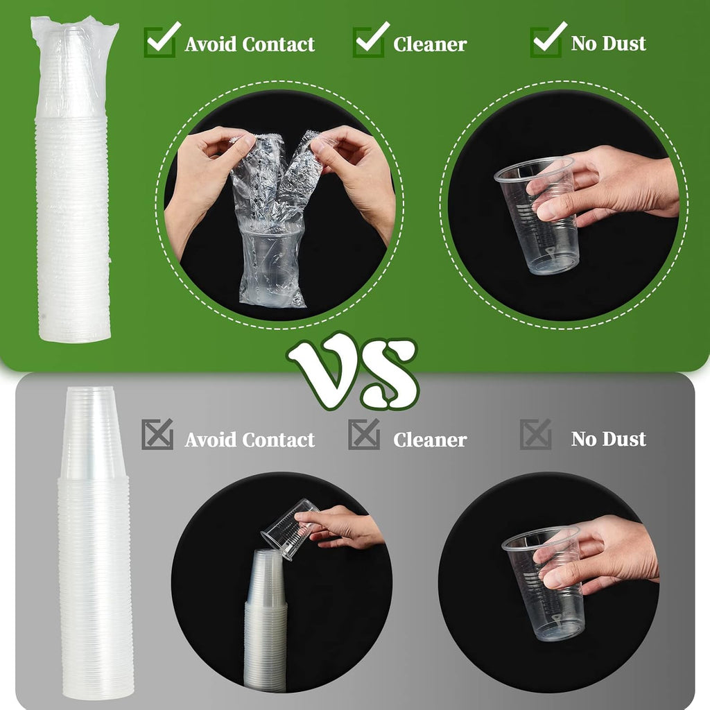 Vplus 500 Pack 9 OZ Clear Plastic Cups  Individually Wrapped PP Plastic Cups Disposable 9 OZ Drinking Glasses for Hotel Party Thanksgiving Christmas