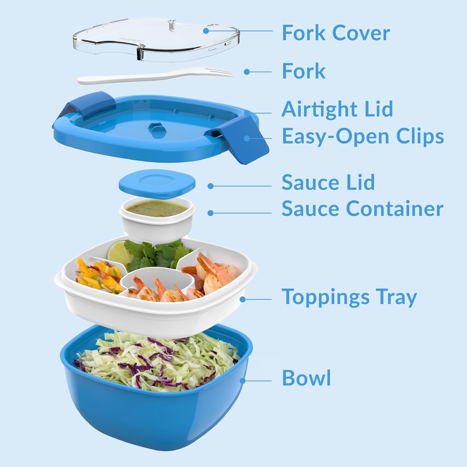 Bentgo Salad Container - 54 oz Bowl with 4-Compartment Toppings Tray  Leak-Proof Dressing Container  Reusable Fork  BPA-Free Lunch Box for Meal Prep & Food Storage; Removable Bento Tray (Blue)