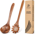 Wooden Spoons for Cooking 2 Pcs Wooden Utensil Set of Soup Ladle &Spaghetti Pasta Spoon with Teeth  Teak Wood Soup Ladle&Slotted Pasta Fork Strainer Spoon Set for Serving Collecting Noodle Gravy Sauce