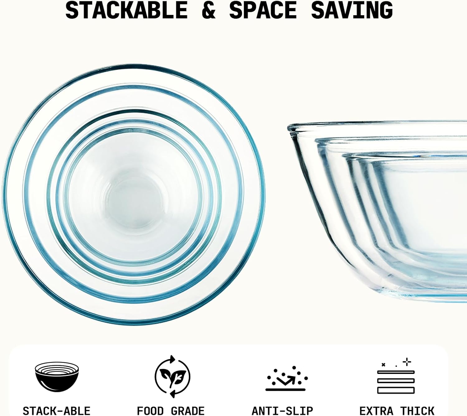 5pc Glass Mixing Bowls Sets (4.65QT  2.80QT  1.64QT  1.16QT  0.85QT)  Glass Nesting Kitchen Thick Bowl for Baking  Cooking Prep  Storage  Large Salad Bowls Sets-Dishwasher Microwave Freezer Safe