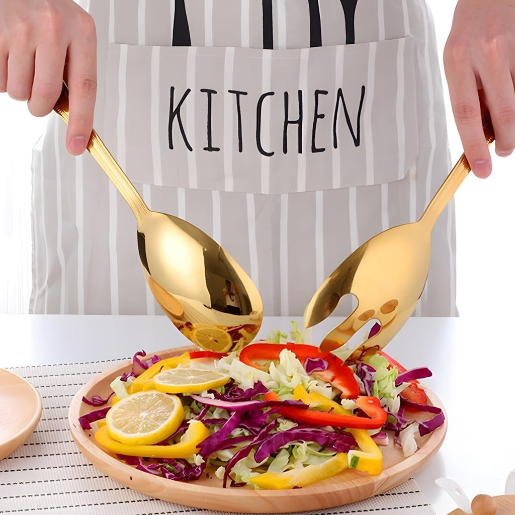 Salad Spoon and Fork Stainless Steel Tong Serving Set  Heavy Duty Smooth Finish Metal Serving Utensils Large Salad Servers for Home Kitchen Party Buffet Supply (Gold)