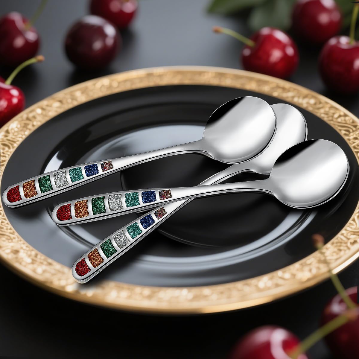 Premium 7.24" European Soup Spoons  Stainless Steel creative colorful enamel spoon drinking spoon  Dishwasher Safe Disinfection cabinet Set of 6