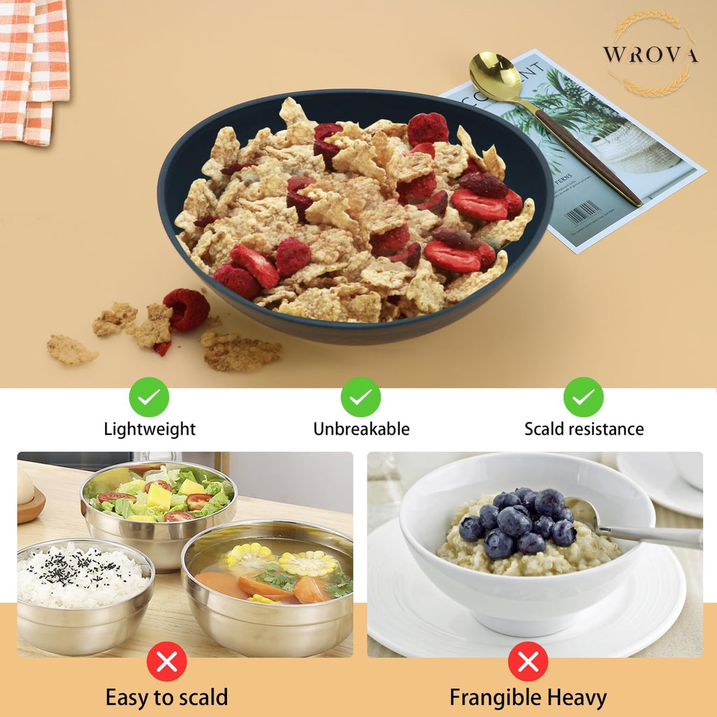 Wrova 65oz Big Wheat Straw Bowls - Large Salad Bowls set of 6 - Unbreakable Serving Bowls - Microwave & Dishwasher Safe - Oval Bowls for Cereal Salad Fruit - Pure Black