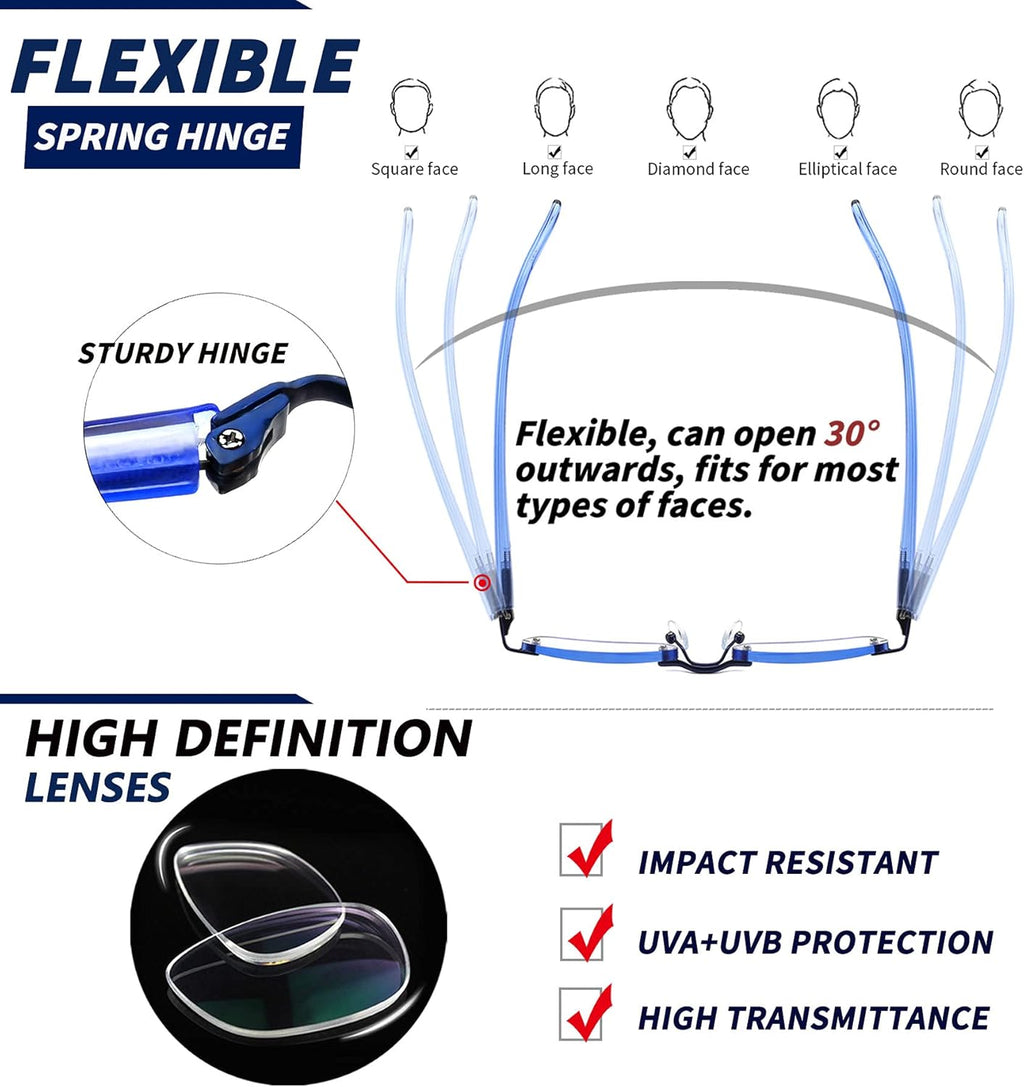 JJWELL 3 Pack Blue Light Blocking Reading Glasses for Women  Anti Eyestrain/Computer Glare UV 400 Filter Readers with Spring Hinge  Lightweight Rimless Tinted Metal Blue Rays Eyeglasses (2.75)