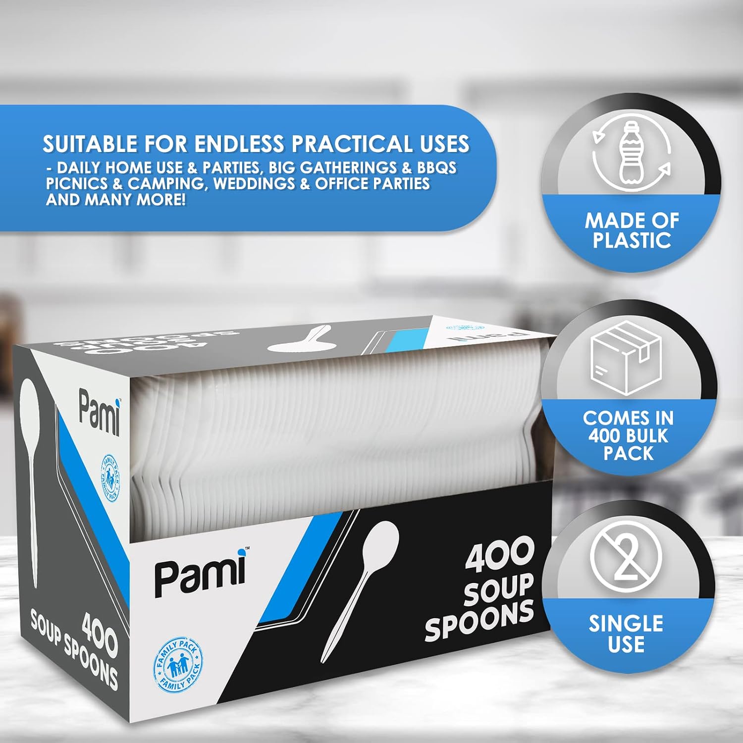 PAMI 400-Pack Medium-Weight Disposable Bulk Plastic Teaspoons for Parties  Weddings  Catering  Takeout & More (Soup Spoons White)