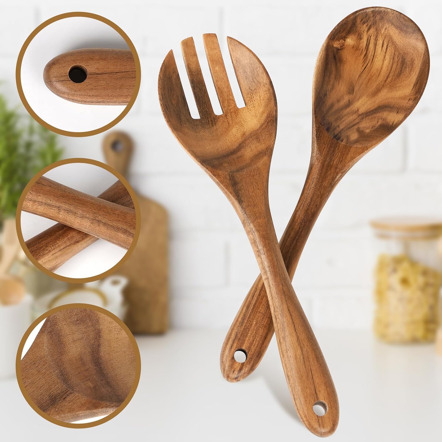 Salad Tongs  Wooden Spoons  Salad Tongs for Serving  10-inch Serving Utensils Set Salad Servers Set Kitchen Cooking Utensil (Natural Wood)