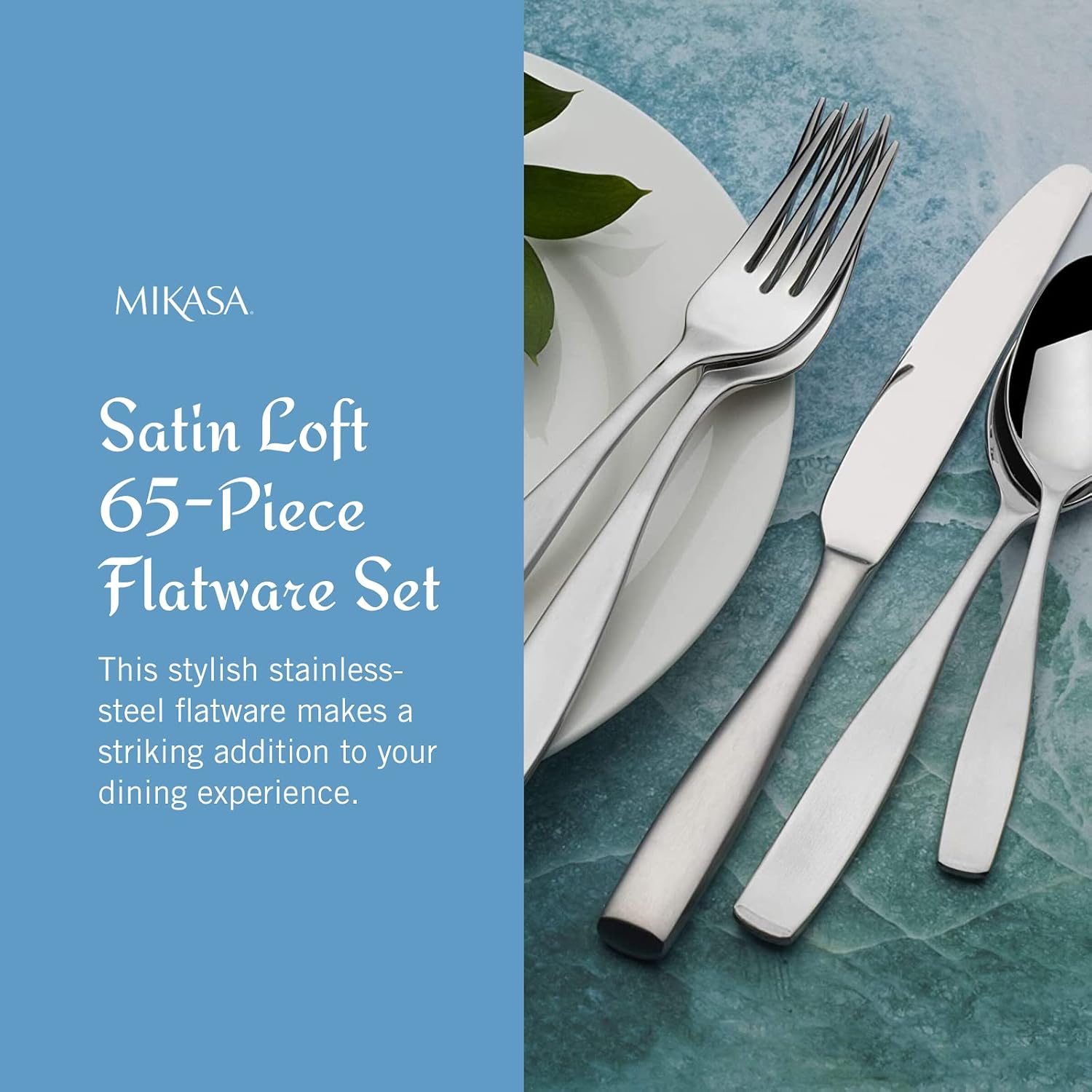 Mikasa Satin Loft 65-Piece Flatware Set for 12  18/10 Stainless Steel Silverware with Forks  Knives  Spoons  and Serving Utensils  Durable and Elegant Design