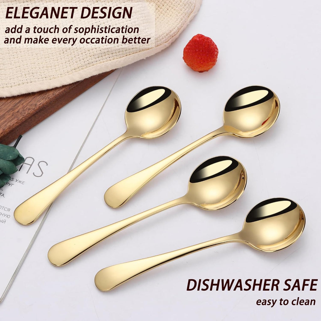 7" Round Soup Spoons Set of 4 18/10 Stainless Steel Heavy Duty with Deep Bowl Fine Mirror Polished Dishwasher Safe(Gold)
