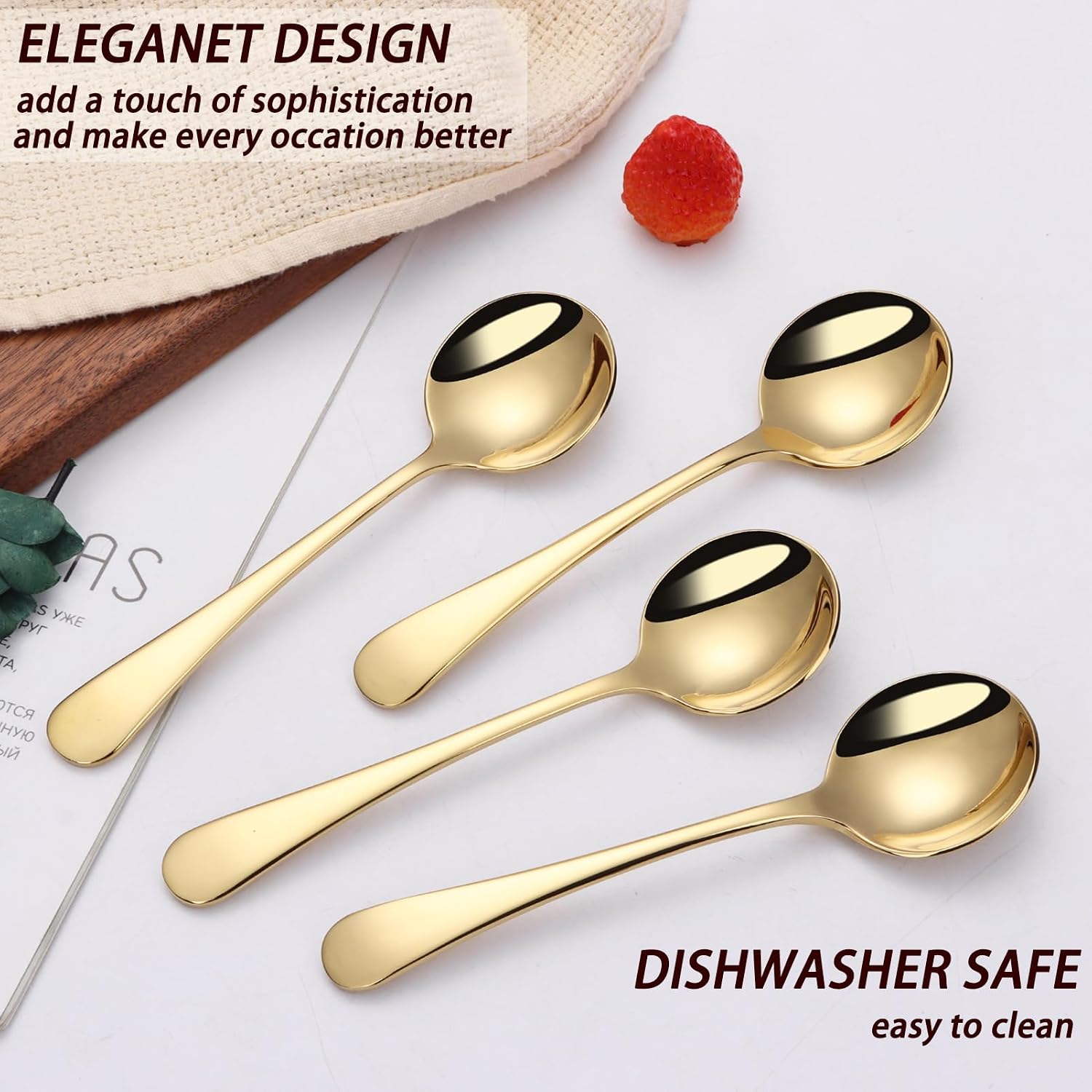 7" Round Soup Spoons Set of 4 18/10 Stainless Steel Heavy Duty with Deep Bowl Fine Mirror Polished Dishwasher Safe(Gold)
