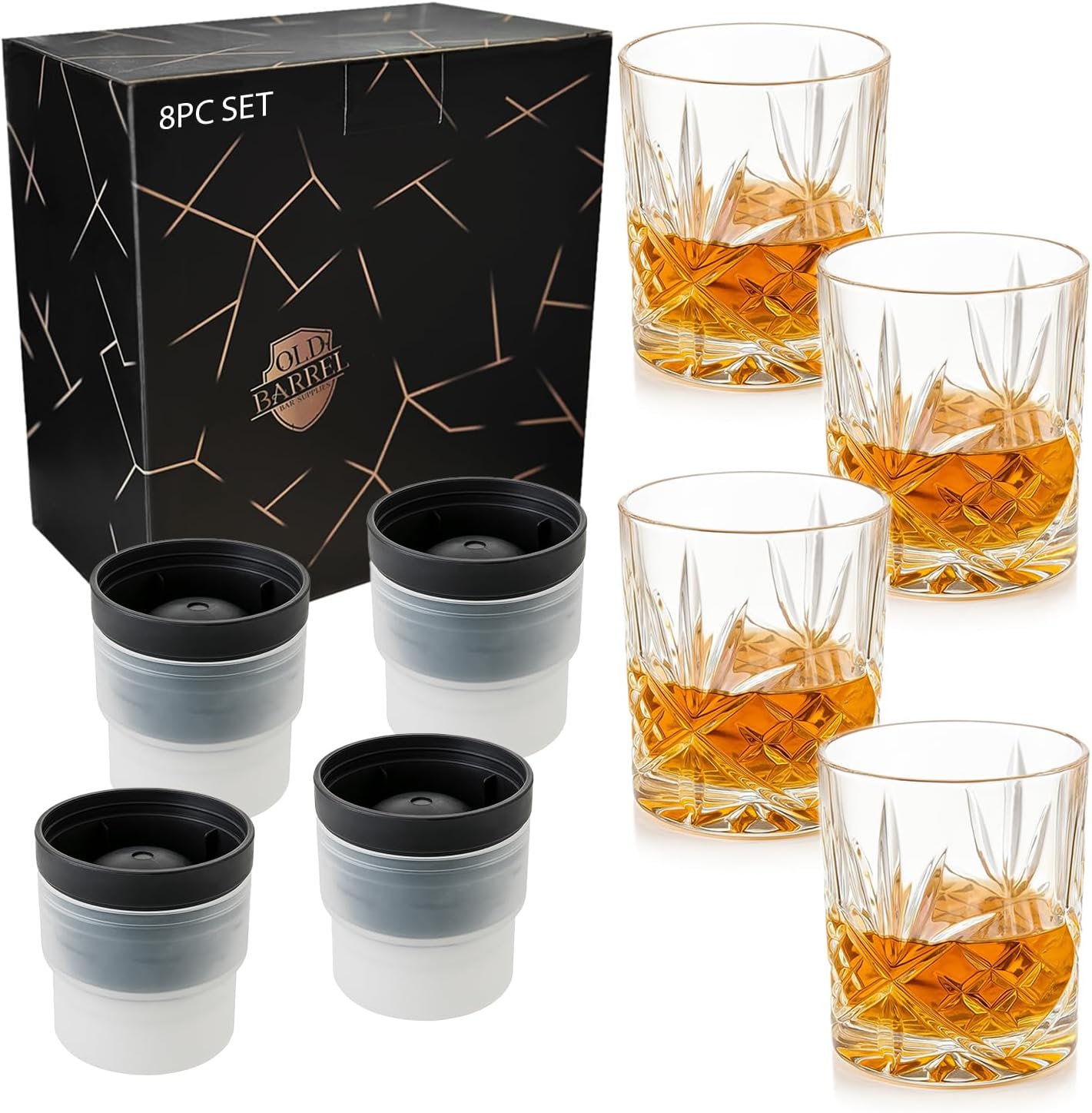OLD BARREL Whiskey Glasses Set of 8 (4 Glasses with 4 Ice Ball Molds) 10oz Old Fashioned Crystal Glasses Gift Box – Bourbon  Scotch  Cocktail Rocks Glas – Gifts for Men  Dad  Birthday  Christmas Gift