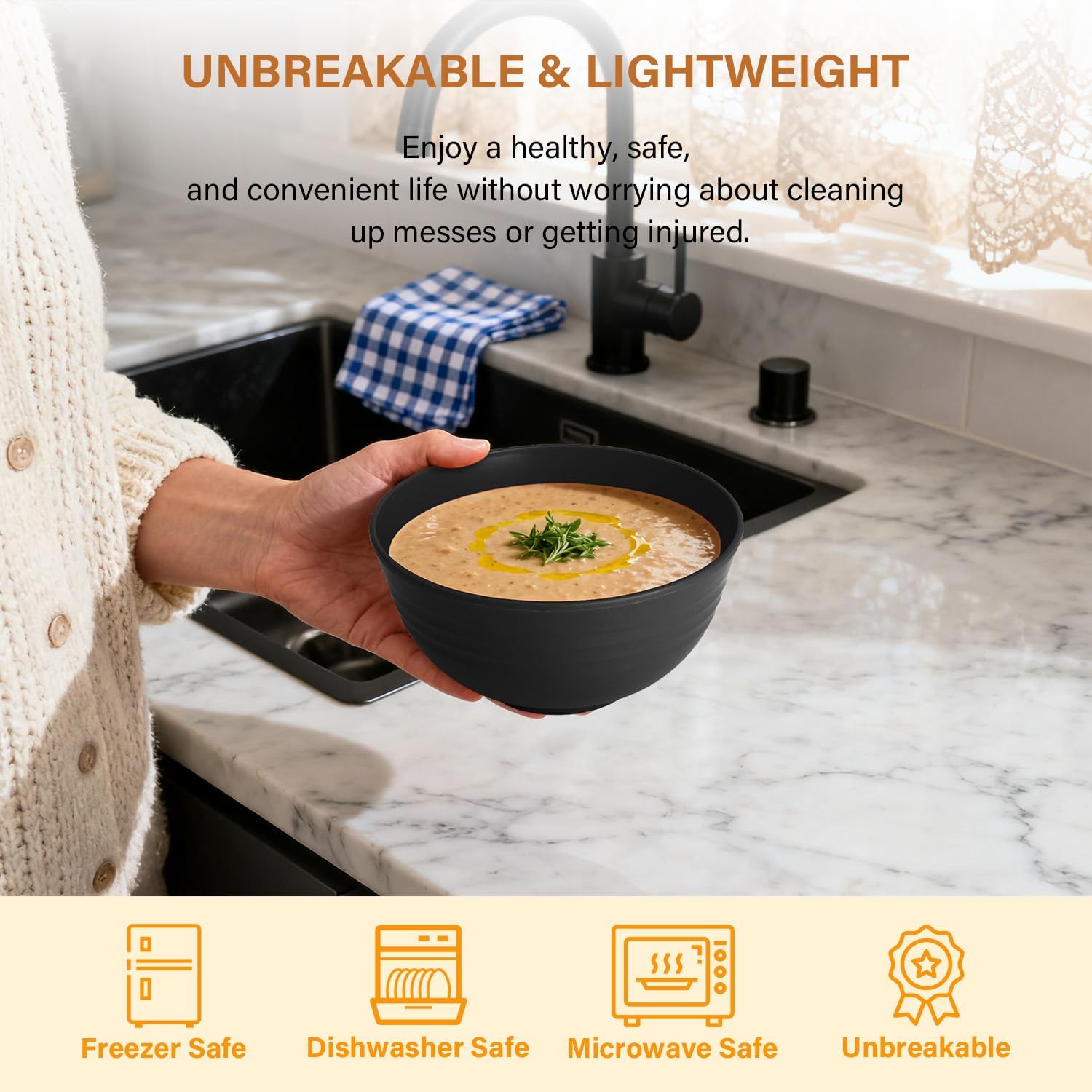 Homienly Cereal Bowl Set  Wheat Straw Bowls for Kitchen  Unbreakable Lightweight Bowl Set of 8  Microwave and Dishwasher Safe Bowls  Reusable Bowl for Serving  Cereal  Snack Fruit(Black  26 OZ)