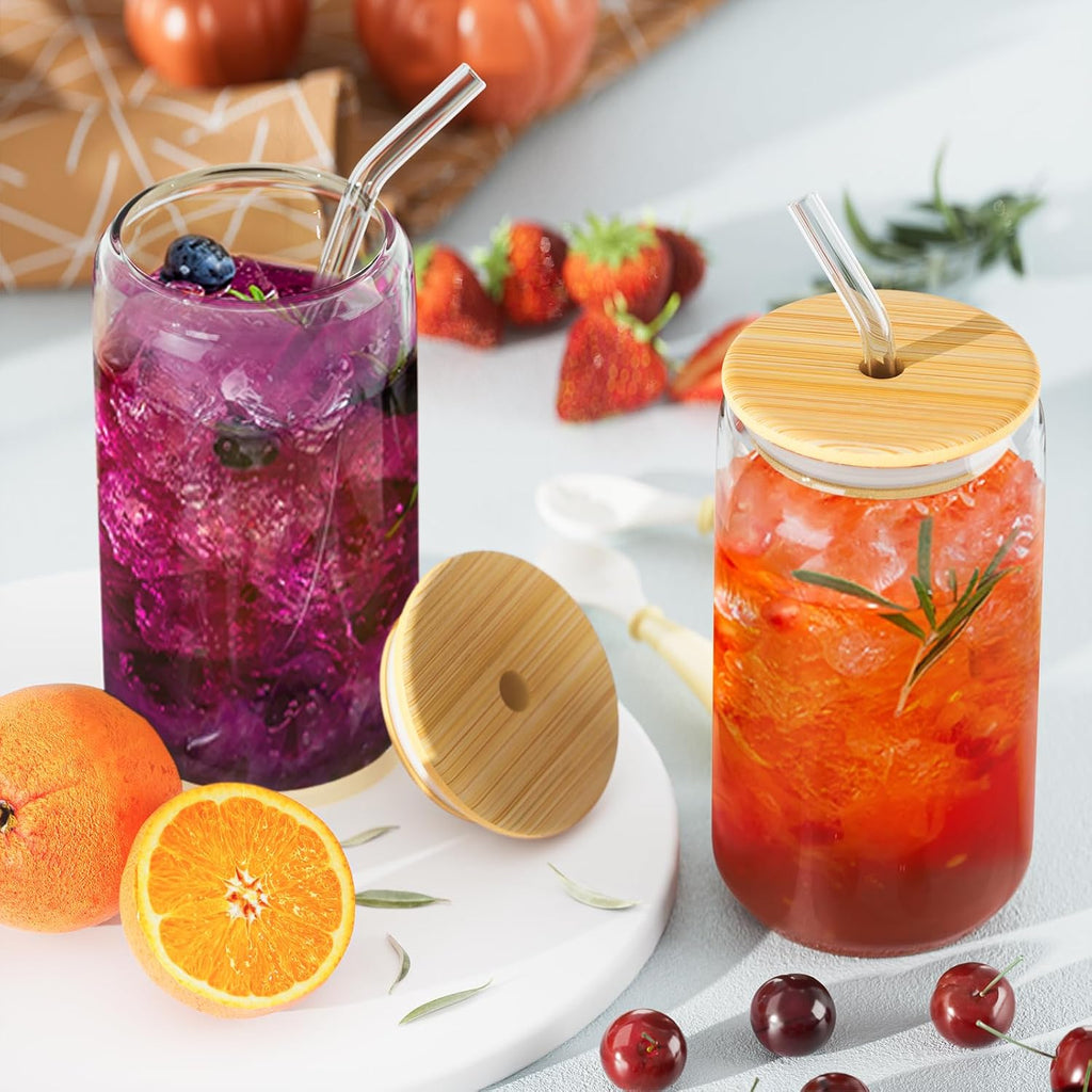 12Pcs Glass Cups with Lids and Straws - 16oz Can Shaped Drinking Glasses Set  Iced Coffee Cup  Beer Glasses Tumbler for Juice  Soda  Smoothie  Boba Tea  Whiskey  Cocktail Include 2 Cleaning Brushes