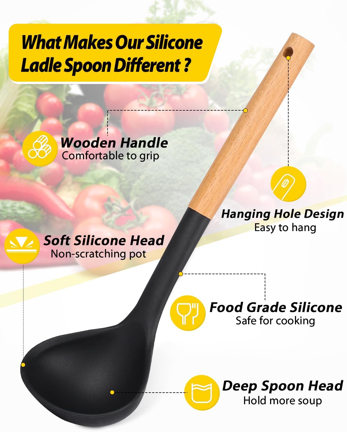 Pack of 2 Soup Ladle  Silicone Ladle Spoon with Wooden Handle  Large Non Stick High Heat Resistant Kitchen Utensils for Cooking  Stirring  Serving Soups(BLACK-GRAY)