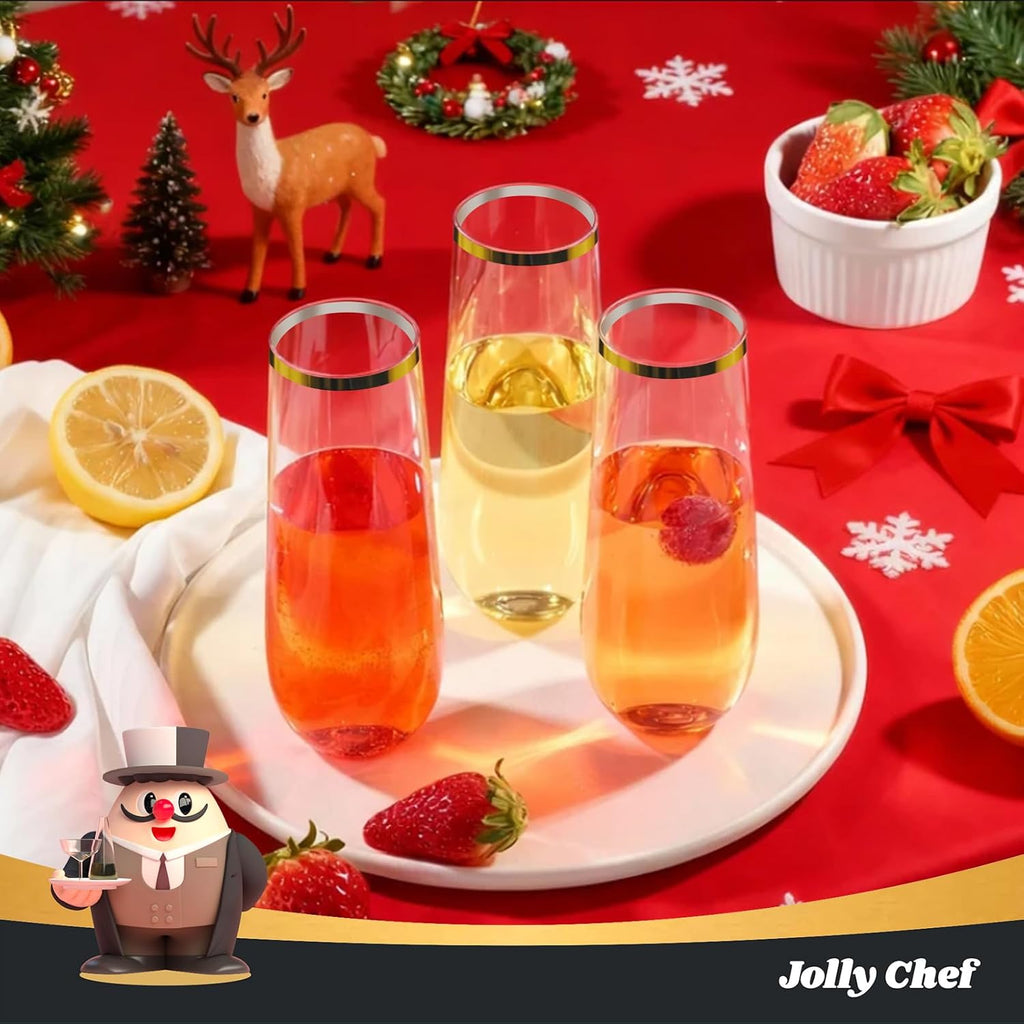 JOLLY CHEF 24 Pack Stemless Plastic Champagne Flutes Disposable 9 Oz Gold Rim Clear Plastic Toasting Glasses Shatterproof Recyclable for Party  Wedding  Birthday  Christmas