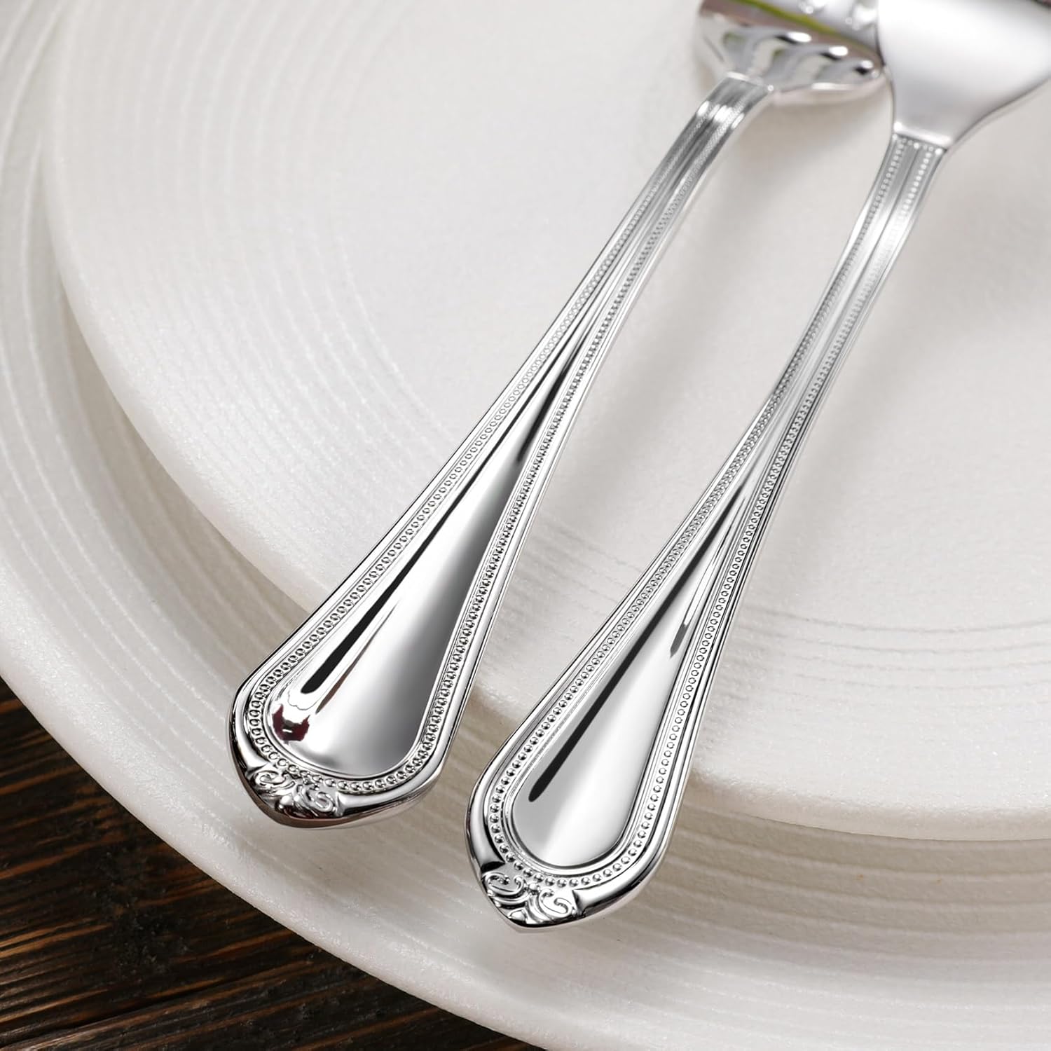 KEAWELL Pearl Edge 4-Piece Premium Spoon Set  18/10 Stainless Steel  Fine Silverware Spoons with Refined Bead Design  Brightly Polished  Dishwasher Safe (Silver  7.56" Dinner Spoons)